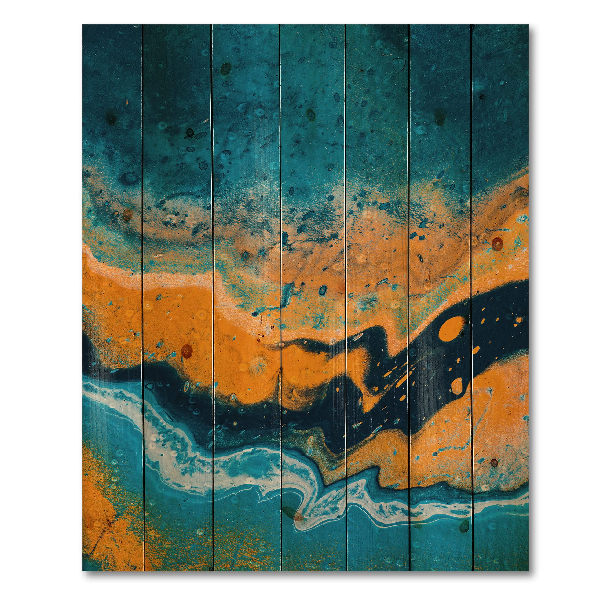Abstract Marble Wood Wall Art - Blue & Orange Modern Decor for Living Room