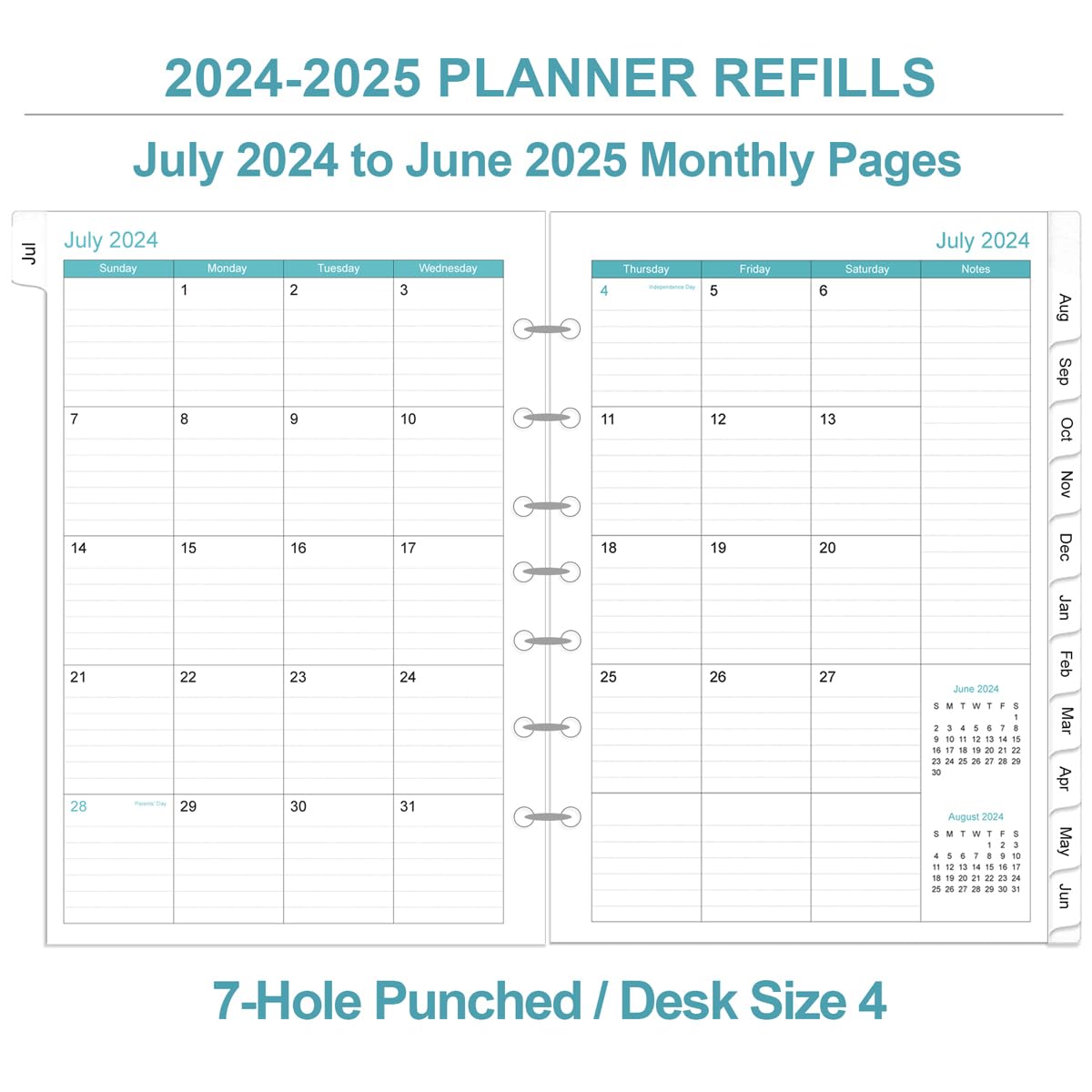 2024-2025 Daily & Monthly Planner Refills for Mini 3 or 7 Ring Binders - One Page Per Day, Prioritized To-Do List, Notes & Appointment Schedule | July 2024-June 2025 | Perfect for Office, School, Home Desk Organization & Productivity Planning