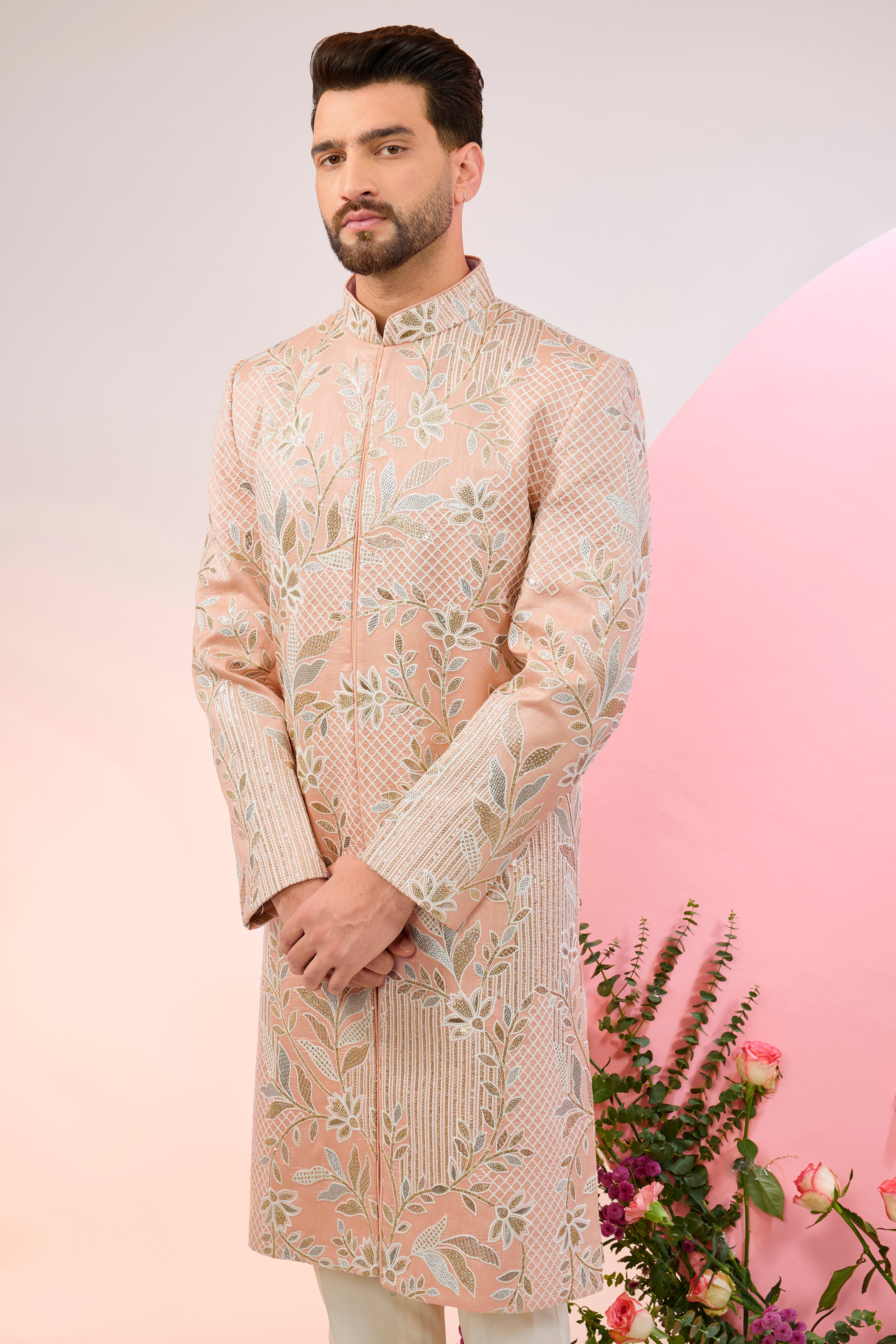 Exquisite Peach Sherwani with Intricate Floral Embroidery & Subtle Sequin Work - Perfect for Weddings, Festivals & Special Occasions