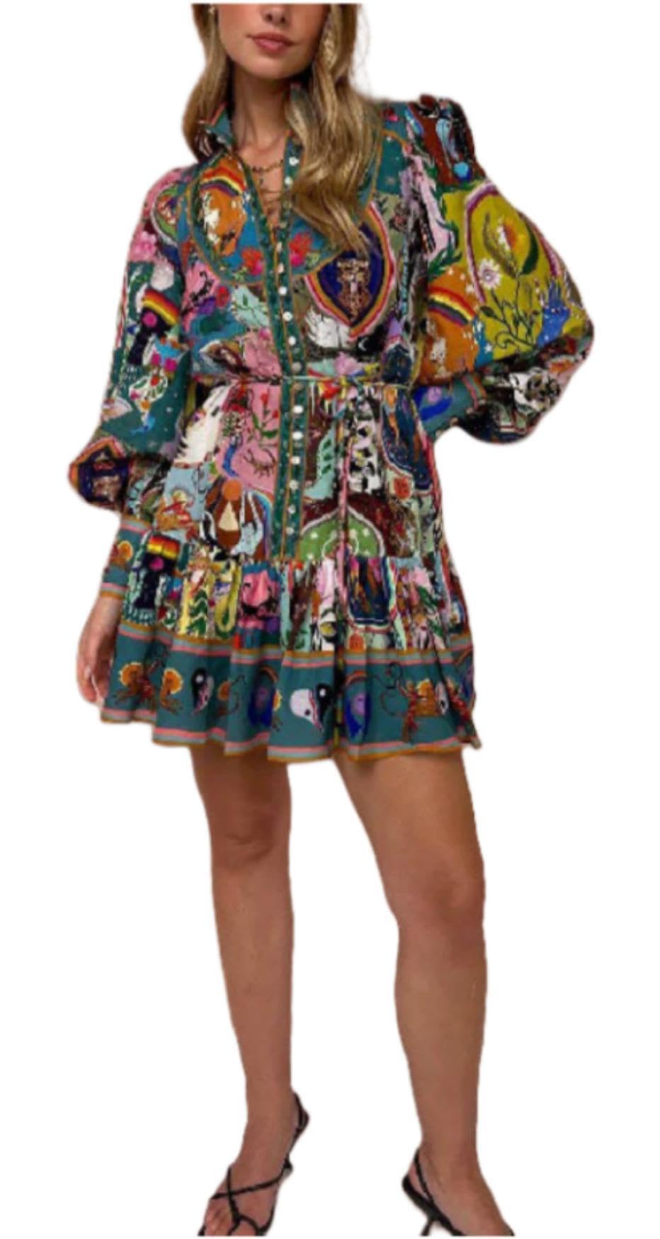 Women's Floral Print Puff Sleeve Summer Shirt Dress with Belt - Button Down Mini Dress for Casual Wear, Beach Outings & Date Nights