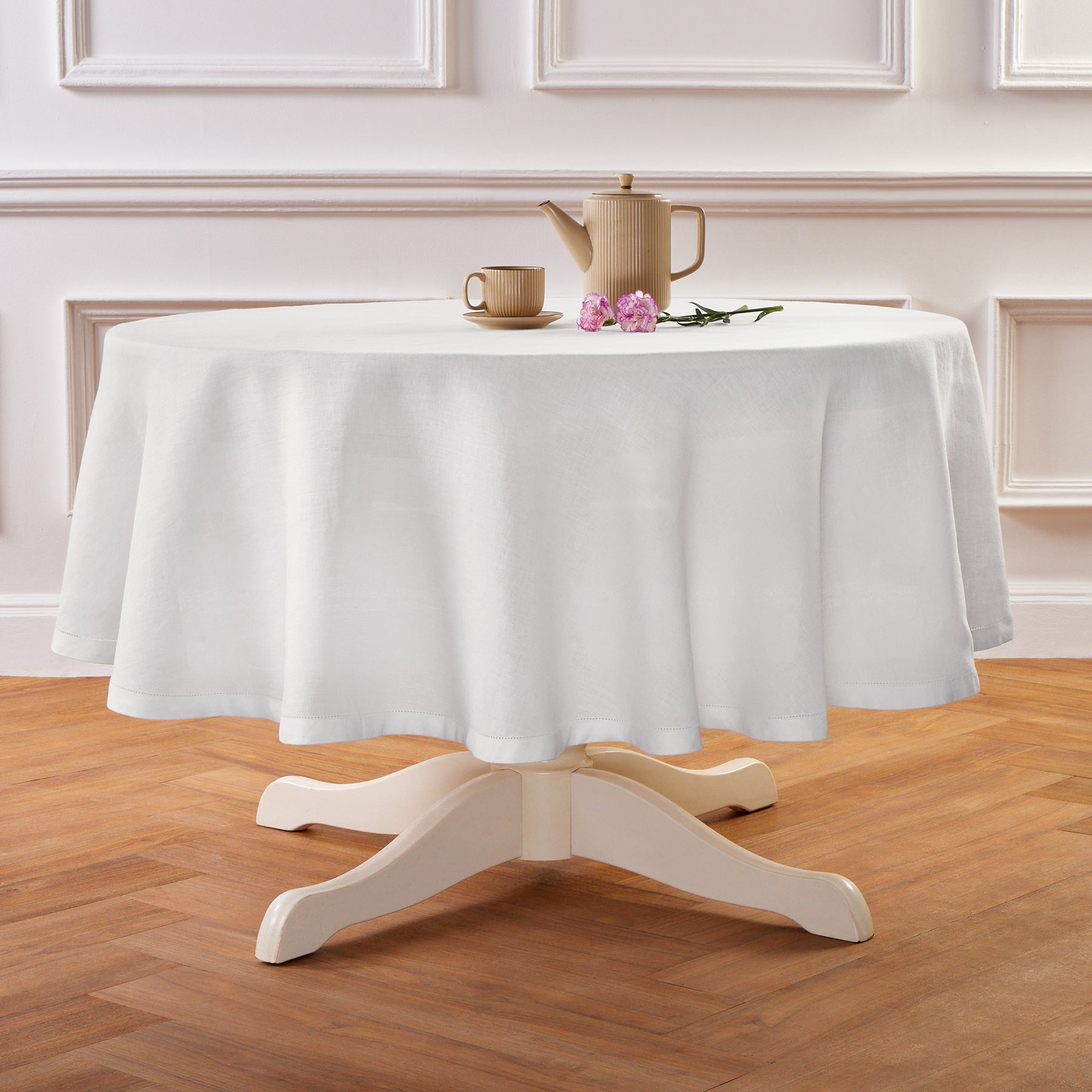 Sonoma Hemstitch Round Tablecloth - 60 Inch White Linen Table Cover for Dining, Parties & Special Events | Elegant & Durable Home Decor