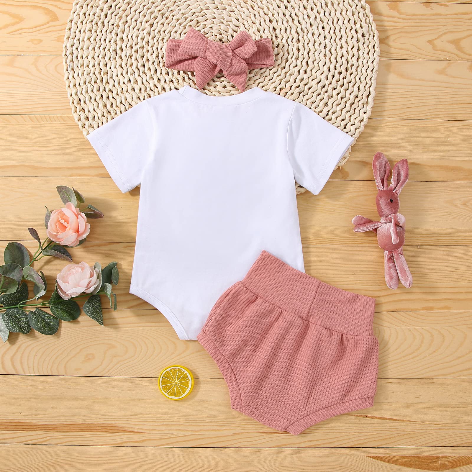 3Pcs Newborn Baby Girl Easter Outfit - Bunny Romper Bodysuit with Short Sleeves, Waffle Shorts & Headband Set - Perfect for Easter Photos, Spring Celebrations & Family Gatherings