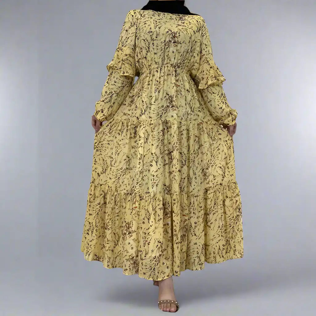Elegant Muslim Women's Chiffon Abaya Dress with Floral Print - Perfect for Prayer, Eid Celebrations & Modest Fashion