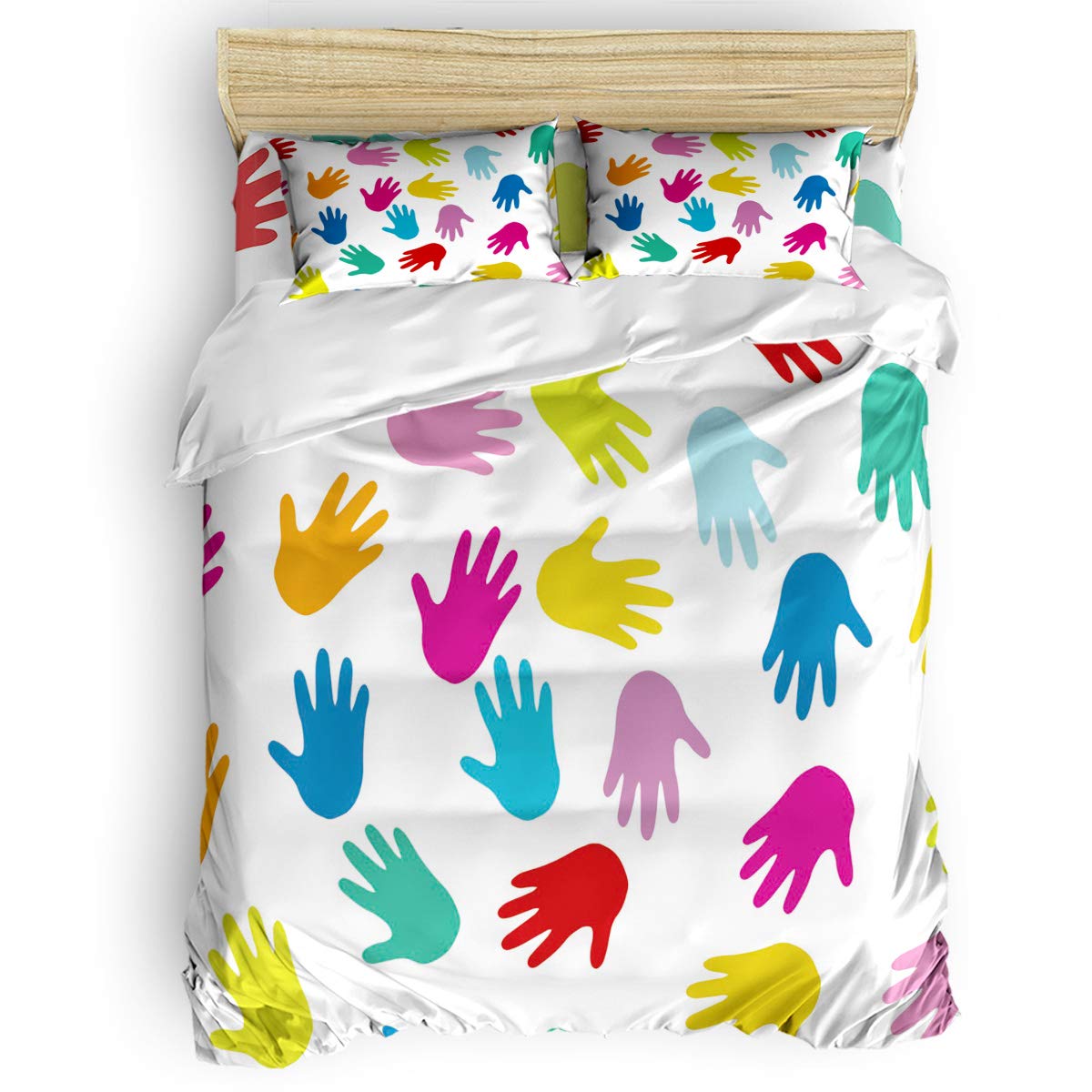 Yogaly 4-Piece Queen Size Bedding Set - Colorful Cartoon Hand Print Printed Bed Sheets, Duvet Cover, Flat Sheet & Pillowcases for Adults, Teens, Kids & Baby - Perfect for Kids' Rooms, Guest Bedrooms & Dorm Decor