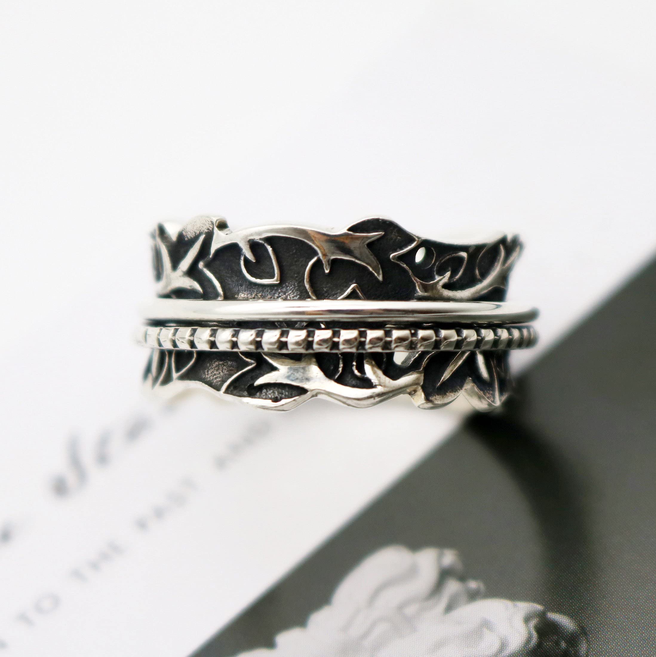 925 Sterling Silver Fidget Spinner Ring for Women - Stress Relief & Anxiety Relief Jewelry with Intricate Climbing Vine Leaf Design - Size 7-12 - Perfect for Meditation, Office Work & Everyday Wear