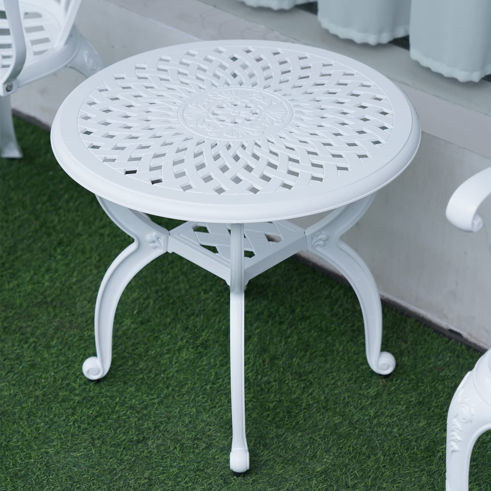 JARDIN DE CENTENNIAL Round White Cast Aluminum Outdoor Side Table - Rust-Resistant Patio End Table & Coffee Bistro Table for Garden, Porch, Balcony & Indoor Use - Perfect for Outdoor Entertaining & Relaxation