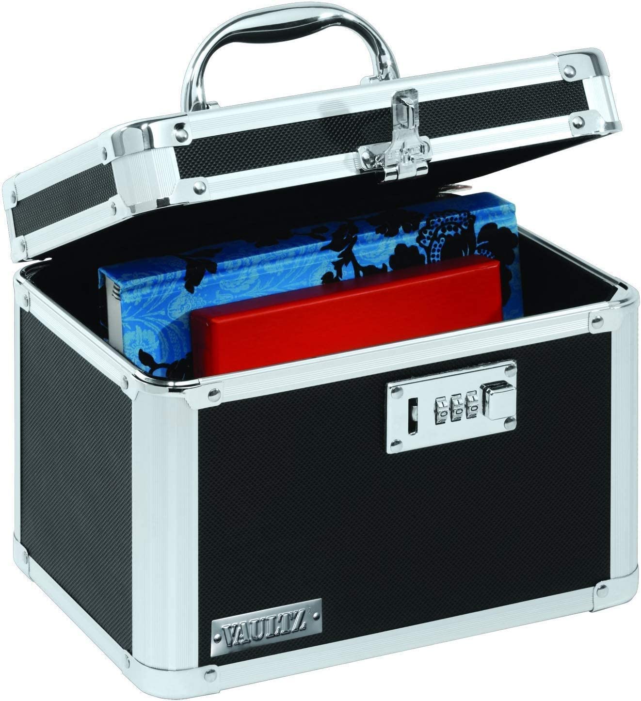 Vaultz Secure Combination Lock Box - 9.88 x 7.75 x 7 Inch Fireproof Safe for Documents, Money, Jewelry & Valuables - Black Chrome Storage Box for Home, Office & Travel Security