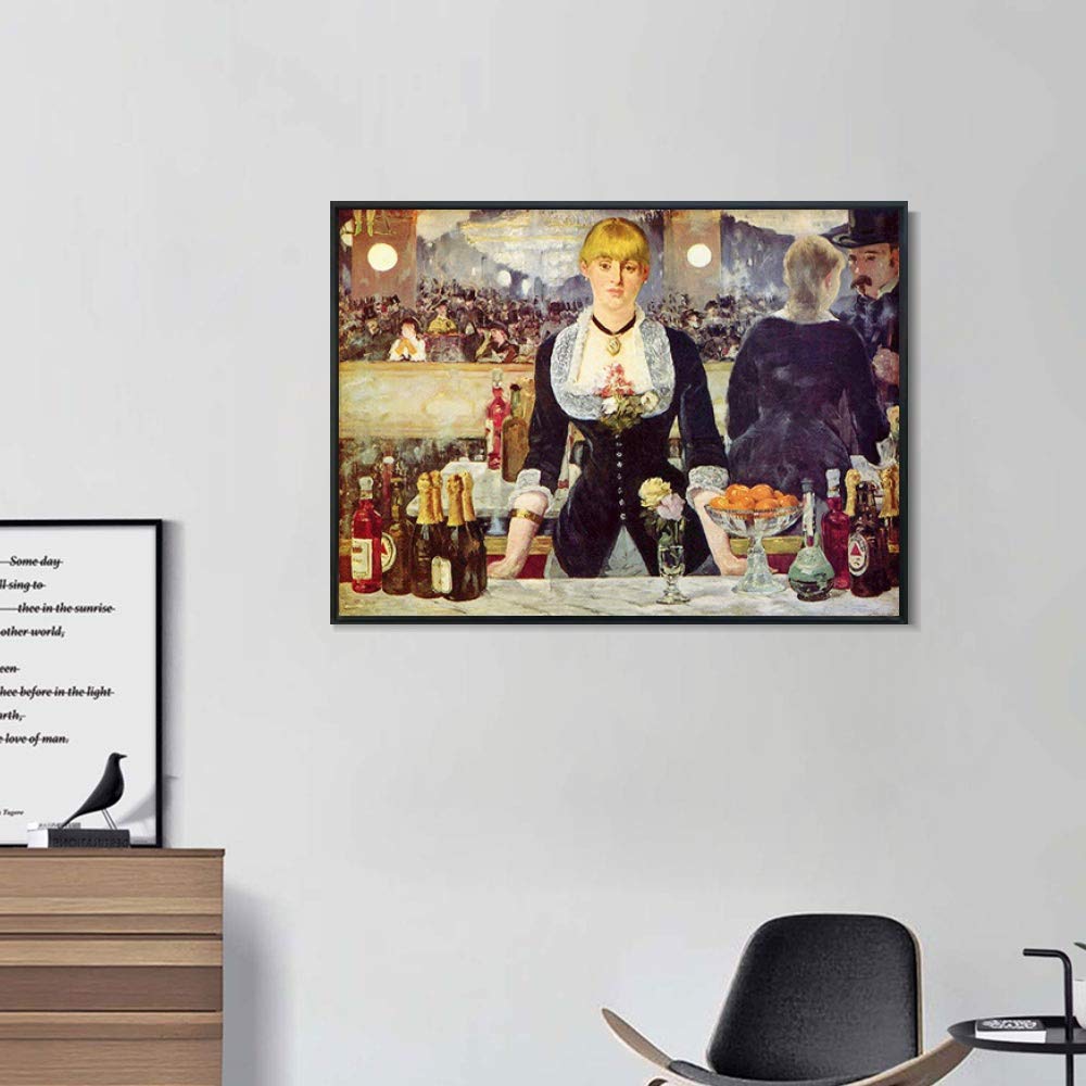 INVIN ART Framed Canvas Print - A Bar at The Folies Bergere by Edouard Manet - Premium Wall Art for Living Room & Home Office Decor (24x32 Inches, Black Slim Frame) - Perfect for Art Lovers & Interior Design