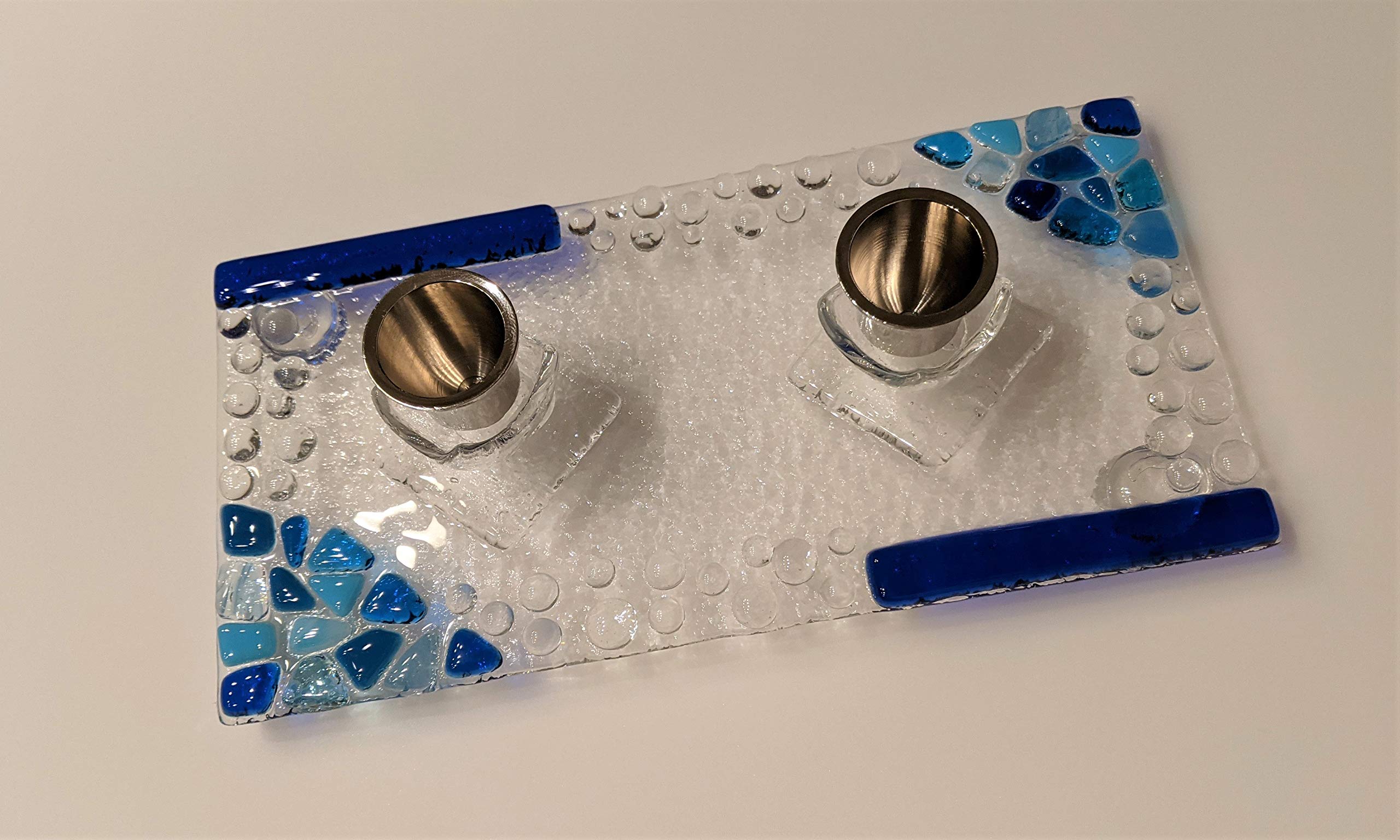 YafitGlass Blue Shabbat Candle Holder - Elegant Handmade Jewish Ceremony Centerpiece for Shabbat Dinner & Holiday Decor