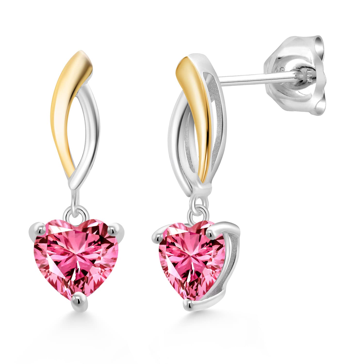 925 Sterling Silver & 10K Yellow Gold Pink Zirconia Heart Dangle Earrings for Women - 1.48cttw Birthstone Jewelry | Valentine's Day Gift, Anniversary Present, Bridesmaid Accessories
