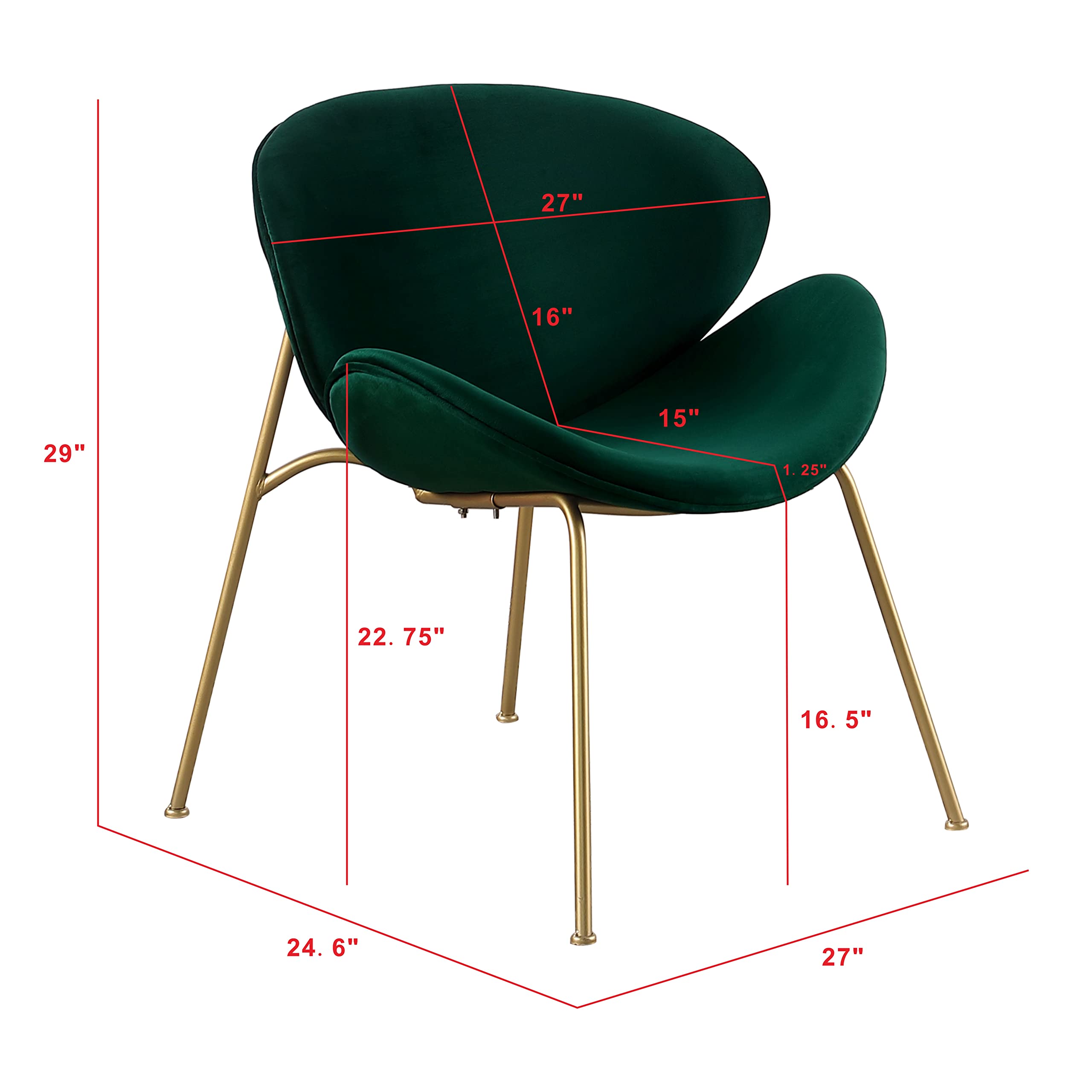 Yoluckea Velvet Vanity Chair Set of 2 - Modern Upholstered Accent Chairs with Gold Metal Legs for Living Room, Bedroom, Makeup Desk | Elegant Arced Seat & Back Design | Perfect for Dining Room, Kitchen, Home Office Decor (Green)