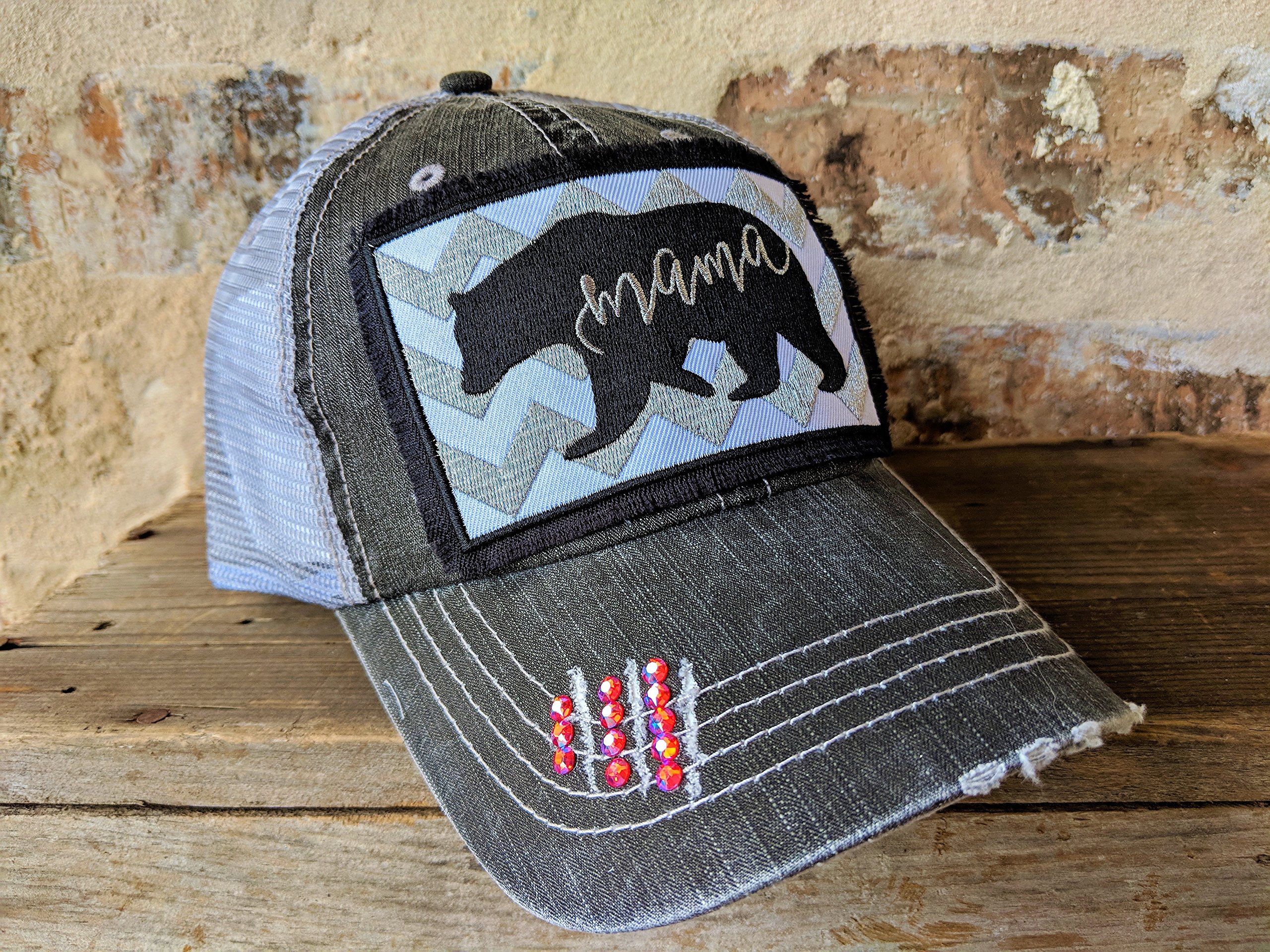 Women's Mama Bear Embroidered Patch Baseball Cap - Adjustable Mesh Back Trucker Hat in Dark Grey/Black | Lightweight Mother's Day Birthday Gift with Optional Rhinestone Personalization | Perfect for Outdoor Activities, Casual Wear & Special Occasions