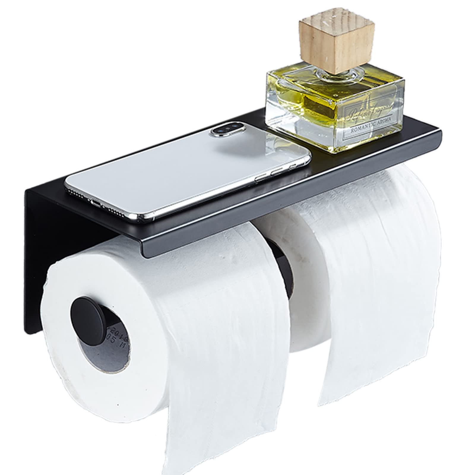 Stainless Steel No Drill Wall Mount Toilet Paper Holder with Shelf - Self Adhesive Paper Towel Dispenser for Bathroom & Kitchen - Black | Perfect for Small Spaces & RVs