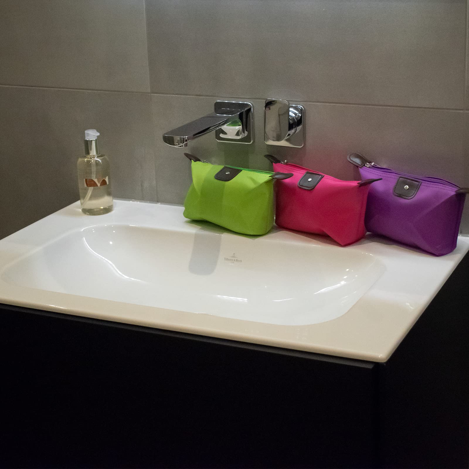 TRIXES 3-Piece Waterproof Travel Cosmetic Bag Set - Makeup Organizer Pouch for Toiletries, Brushes & Accessories (Hot Pink, Purple, Lime Green) - Perfect for Vacation, Gym & Daily Essentials Storage