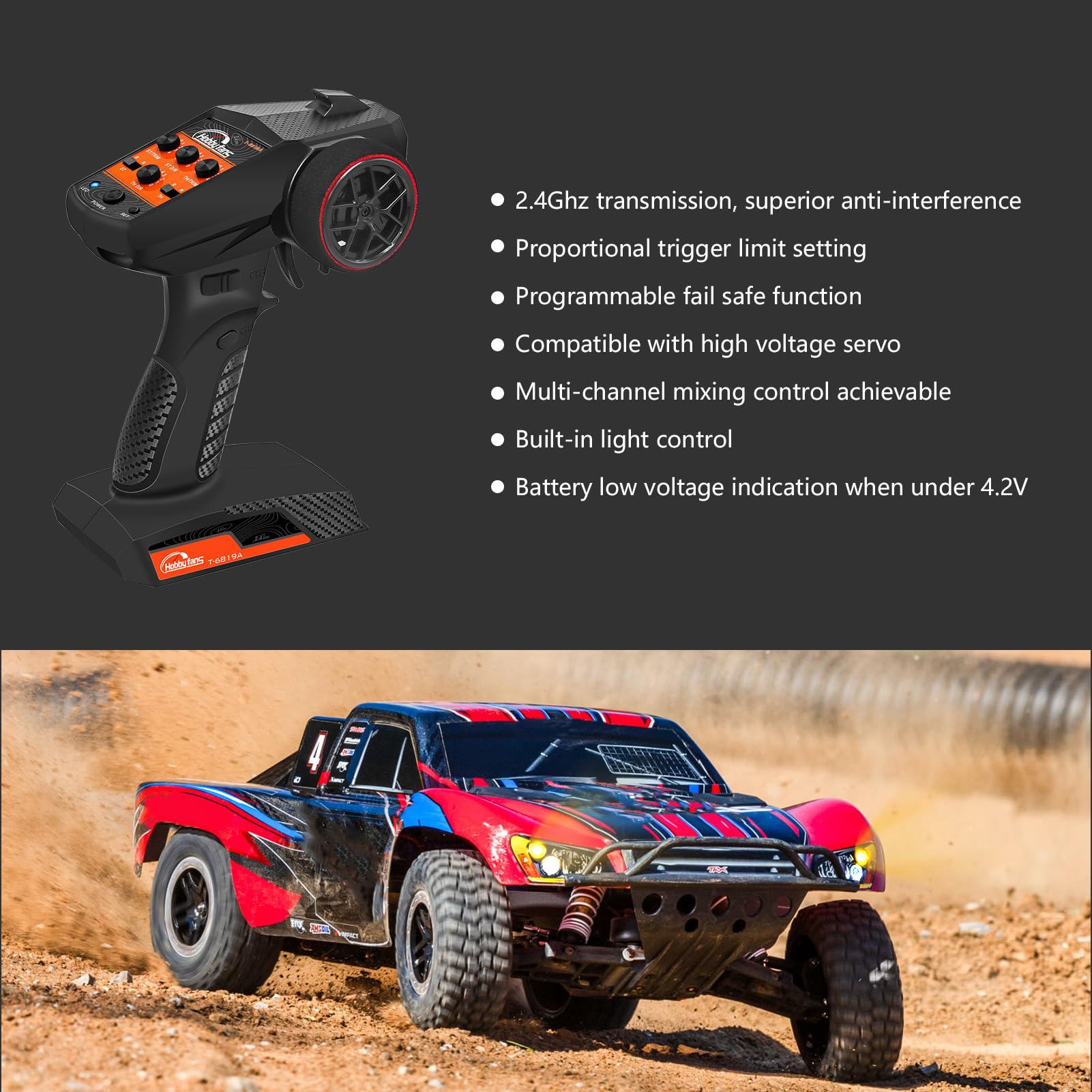 2.4G 4CH RC Radio System Transmitter with Receiver - Anti-Jamming Remote Controller for RC Cars, Crawlers & Boats | Perfect for Hobbyists and Racing Enthusiasts
