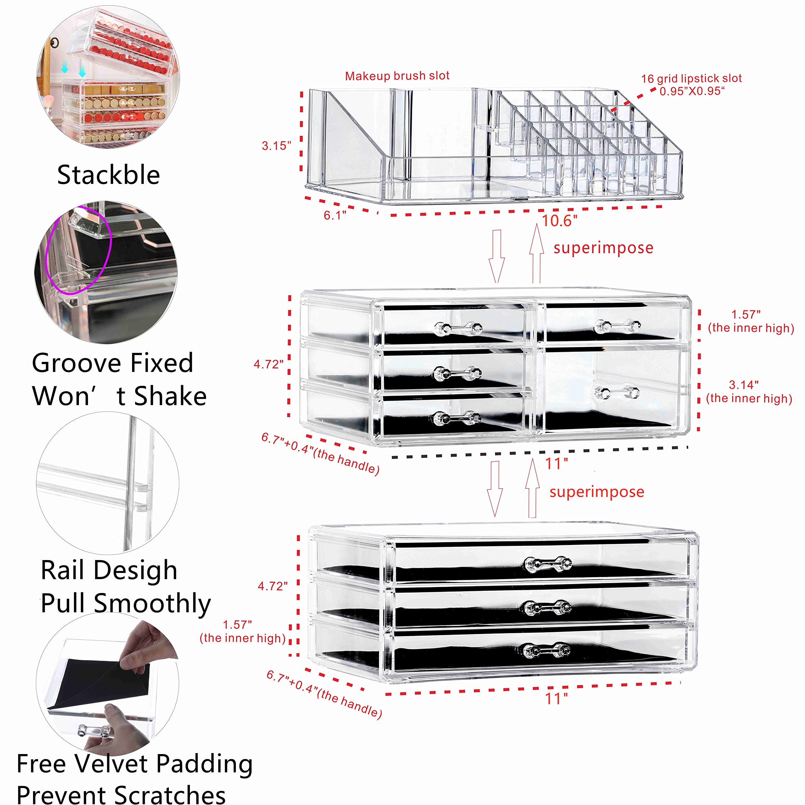 3-Pack Clear Acrylic Makeup Organizers - Stackable 8-Drawer Vanity Organizer for Jewelry, Beauty & Skincare Products | Perfect for Bedroom, Bathroom & Dressing Table Organization