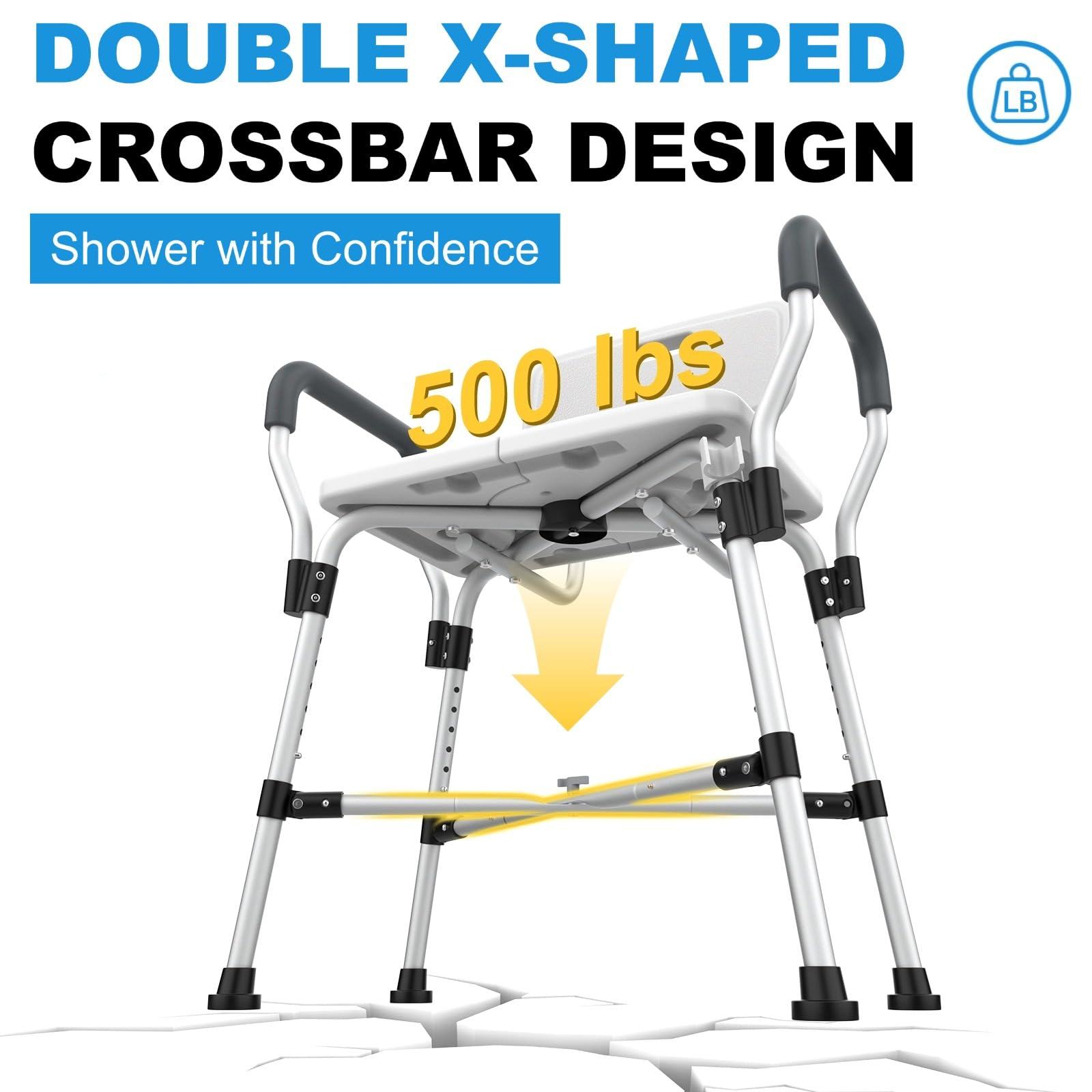 Extra Wide Shower Chair with Arms & Back Support - 500 lbs Heavy Duty Adjustable Bath Seat for Elderly, Disabled & Adults - Non-Slip Safety Crossbar for Bathtub & Shower - Ideal for Mobility Assistance & Bathroom Safety