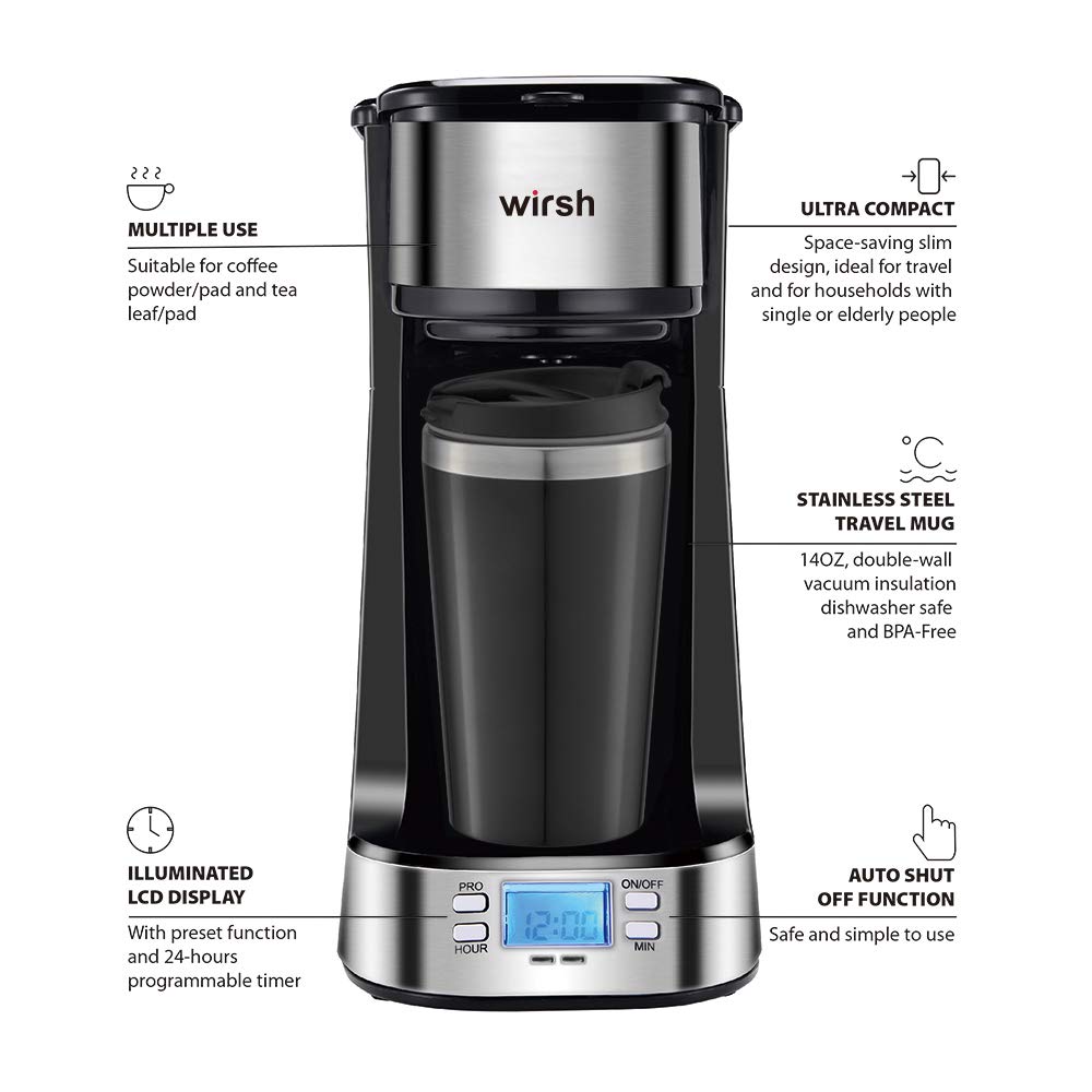 Wirsh Single Serve Coffee Maker - Programmable Timer, LCD Display, 14 oz Travel Mug & Reusable Filter - Compact Non-Pod Coffee Machine for Home, Office, Dorm & Travel - Black