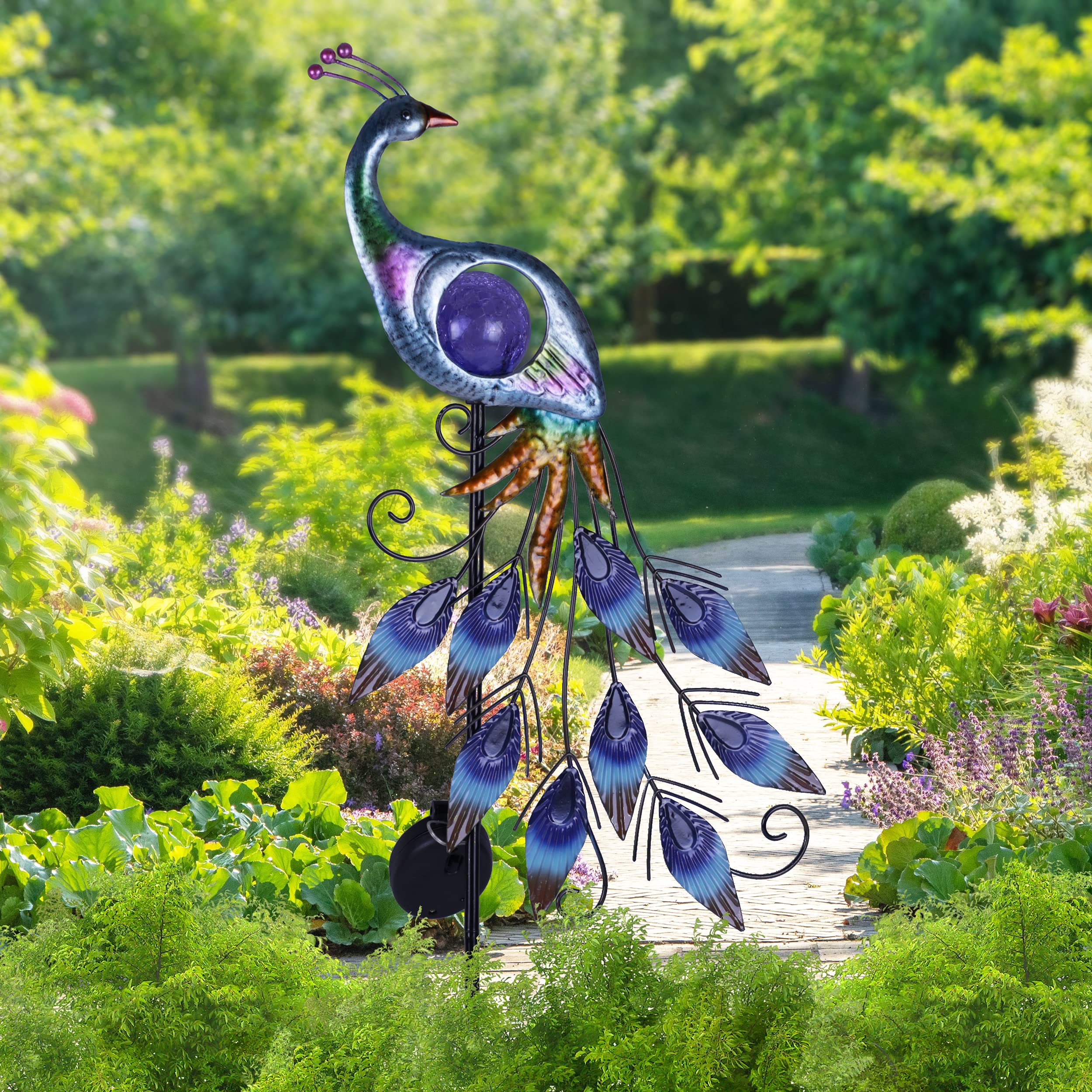 TERESA'S COLLECTIONS 31.5 Inch Solar Peacock Stake Lights & 35 Inch Metal Peacock Garden Statue - Outdoor Decor for Patio, Lawn & Yard | Elegant Solar-Powered Lighting & Decorative Metal Sculpture for Garden Landscaping