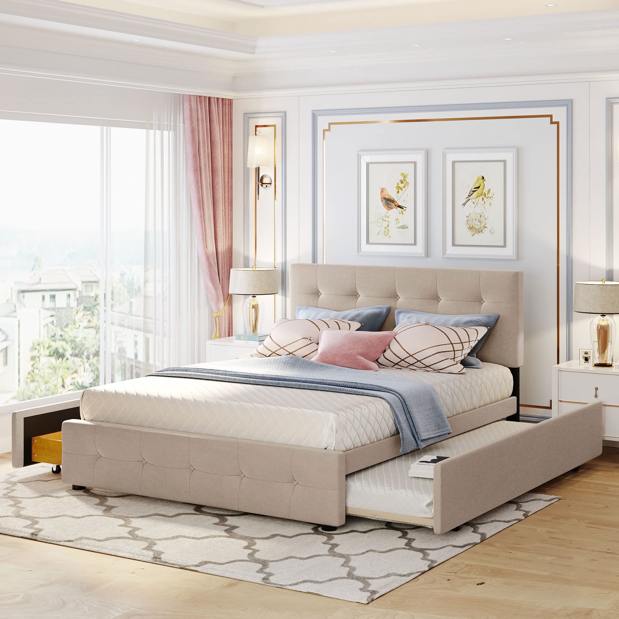 P PURLOVE Queen Size Upholstered Storage Platform Bed with Headboard - 2 Drawers & Twin XL Trundle, No Box Spring Needed, Dark Beige Bed Frame for Small Space & Guest Room Solutions