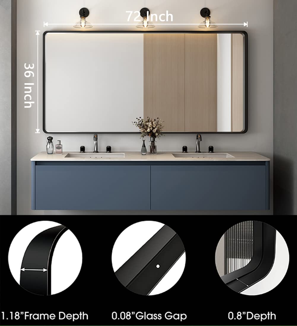 OKPAL 72x36 Inch Black Metal Framed Bathroom Mirror - Large Rectangle Full Length Wall Mirror with Rounded Corners (Horizontal/Vertical Mounting) - Perfect for Vanity, Dressing Room & Modern Home Decor