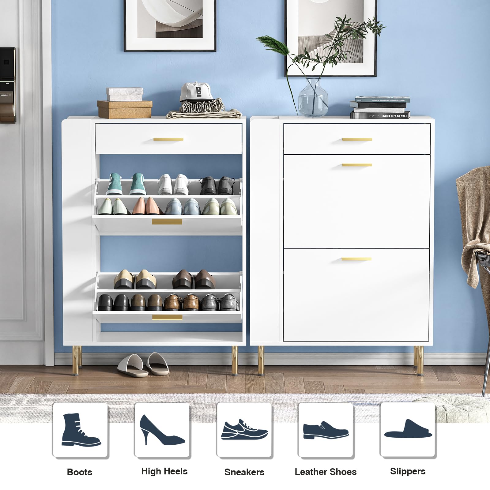 Anmytek White Shoe Storage Cabinet with 2 Flip Drawers - Modern Freestanding Shoe Rack Organizer for Entryway, Hallway & Closet - Space Saving Narrow Shoe Cabinet for Sneakers, Boots & Heels - H0111