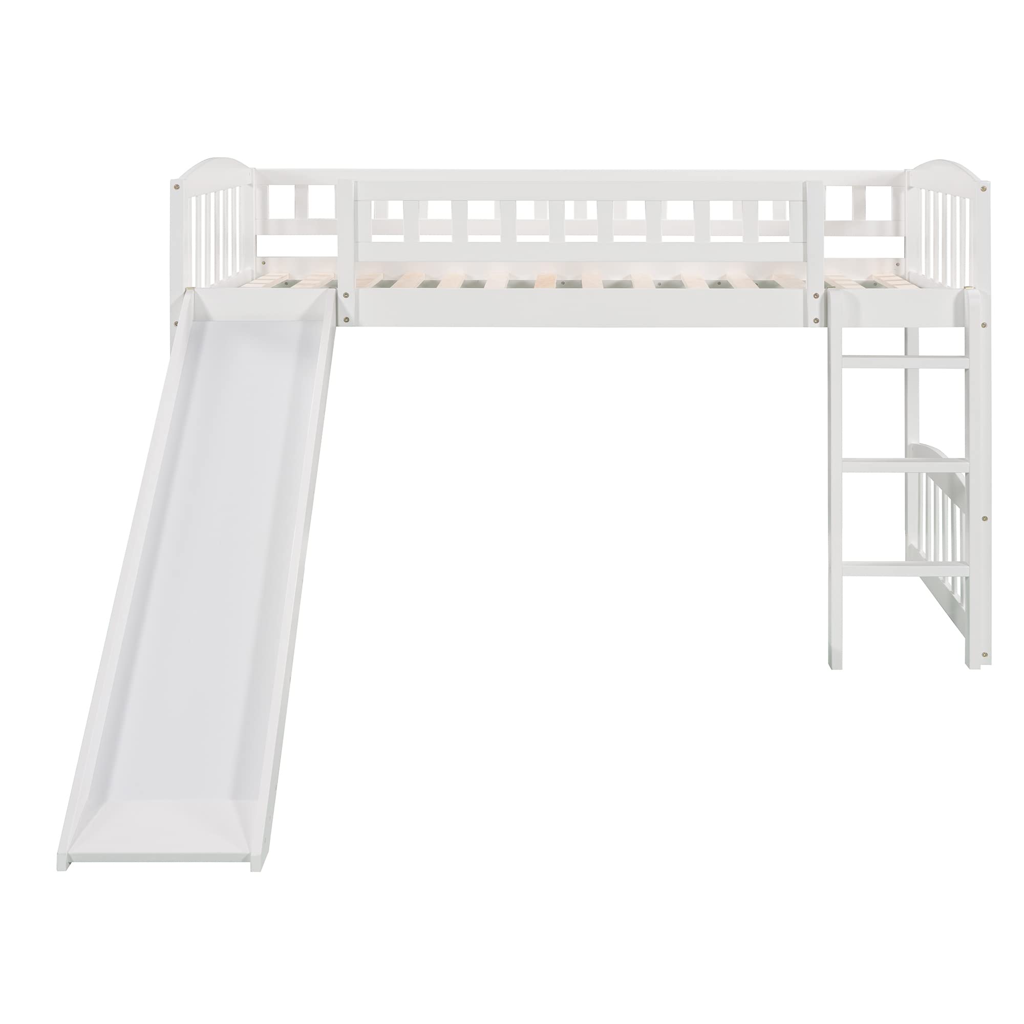 Bellemave Twin Loft Bed with Slide and Ladder - Low Height Wooden Kids Bunk Bed for Boys and Girls in White - Perfect for Small Bedrooms, Playrooms & Sleepovers