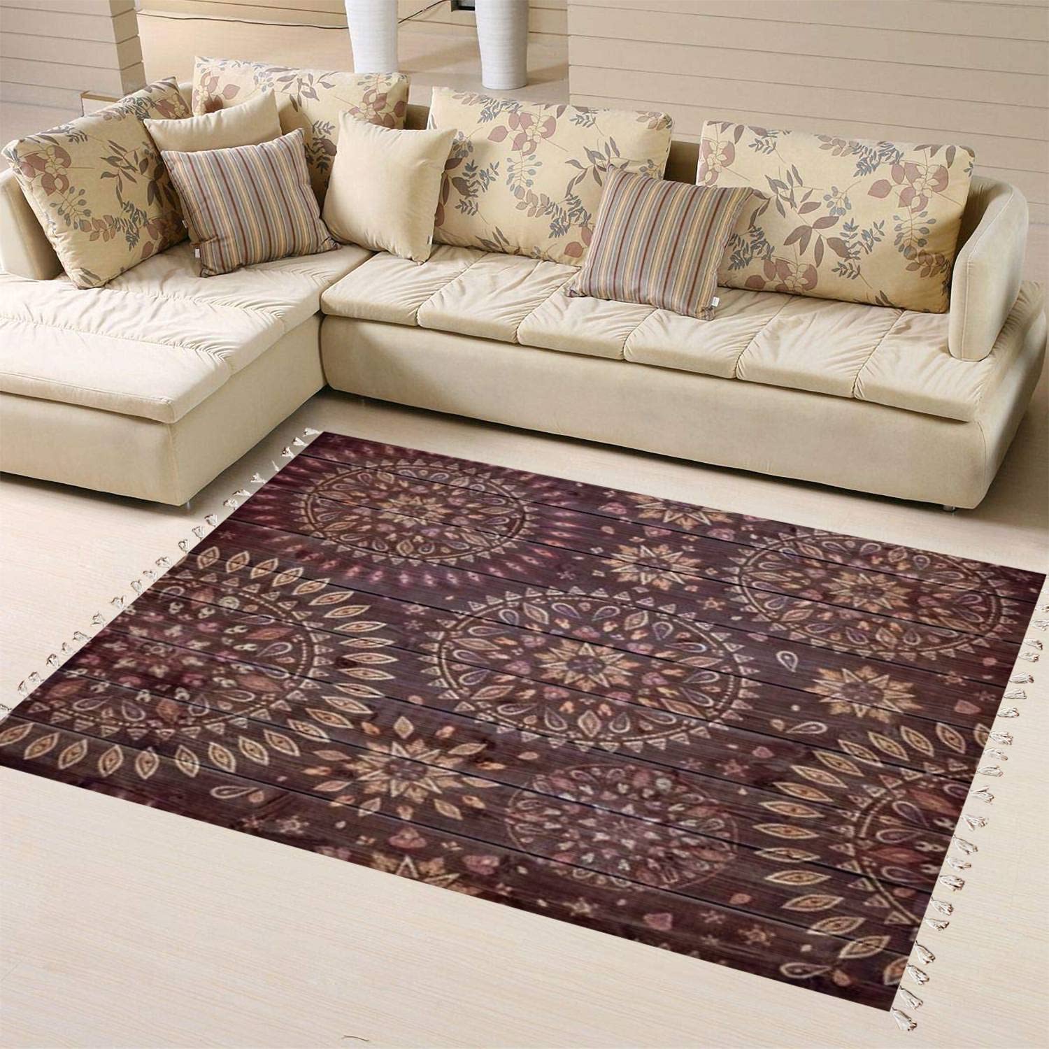 Boho Mandala Area Rug - Seamless Linen Carpet for Patio, Hallway Runner, Living Room & Bedroom - Minimalist Home Decor - Perfect for Indoor & Outdoor Use