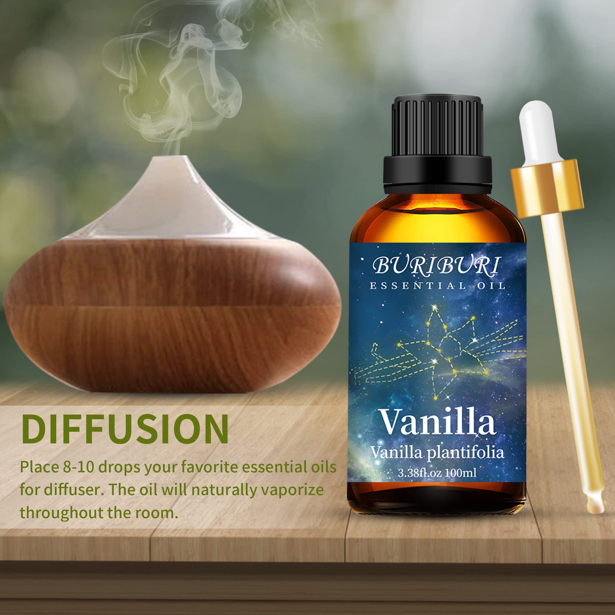 BURIBURI 100% Pure Vanilla Essential Oil 3.38 fl oz (100ml) - Undiluted Aromatherapy Oil for Diffuser, Massage, Candle Making, Soap & Humidifier | Relaxing Scent for Home Spa, Yoga & Stress Relief
