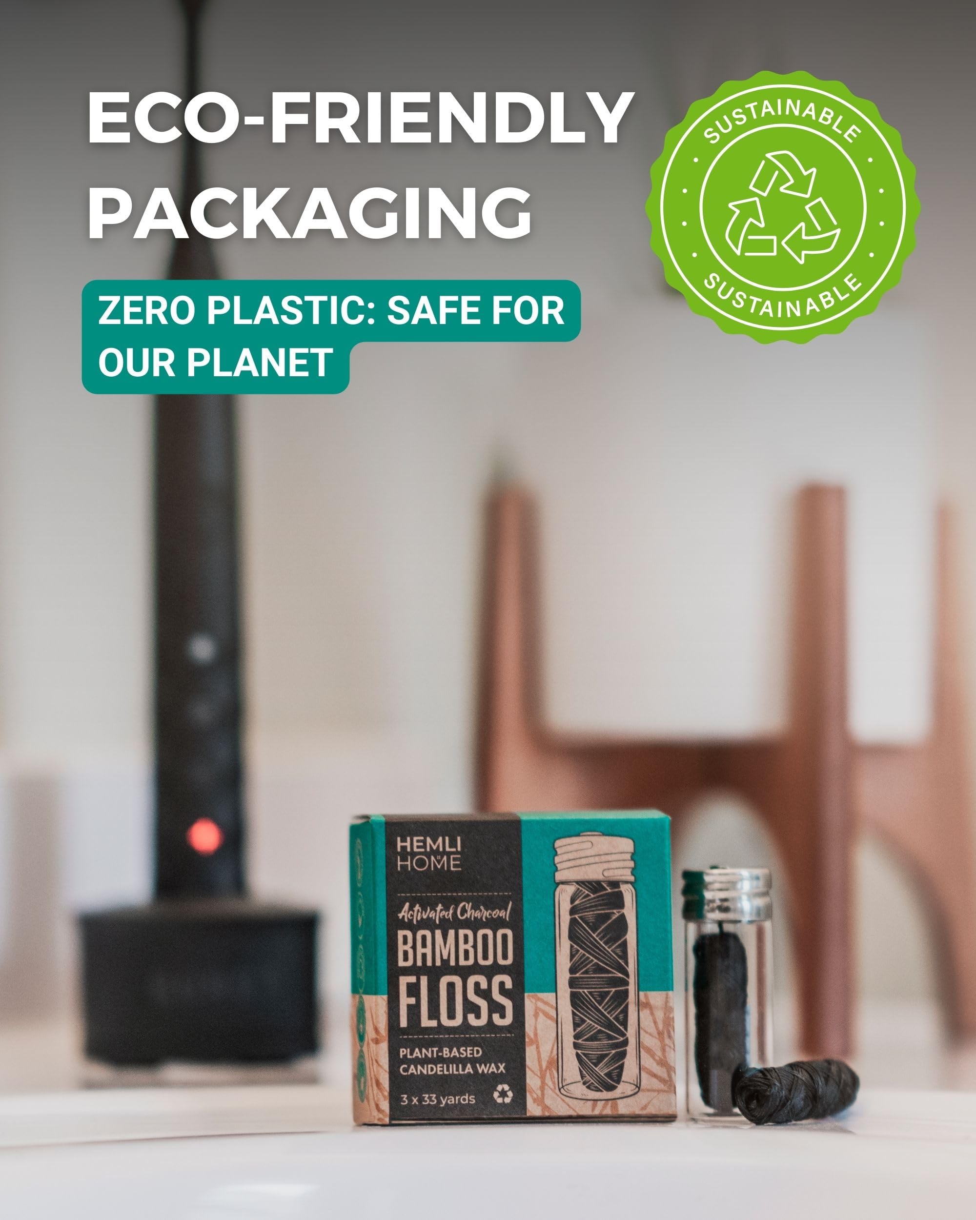 Natural Charcoal Bamboo Dental Floss - 3 Pack | Organic, Eco-Friendly, PFAS-Free & Reusable Floss | Fresh Breath & Plaque Removal for Healthy Teeth | Perfect for Travel, Home & Office Use