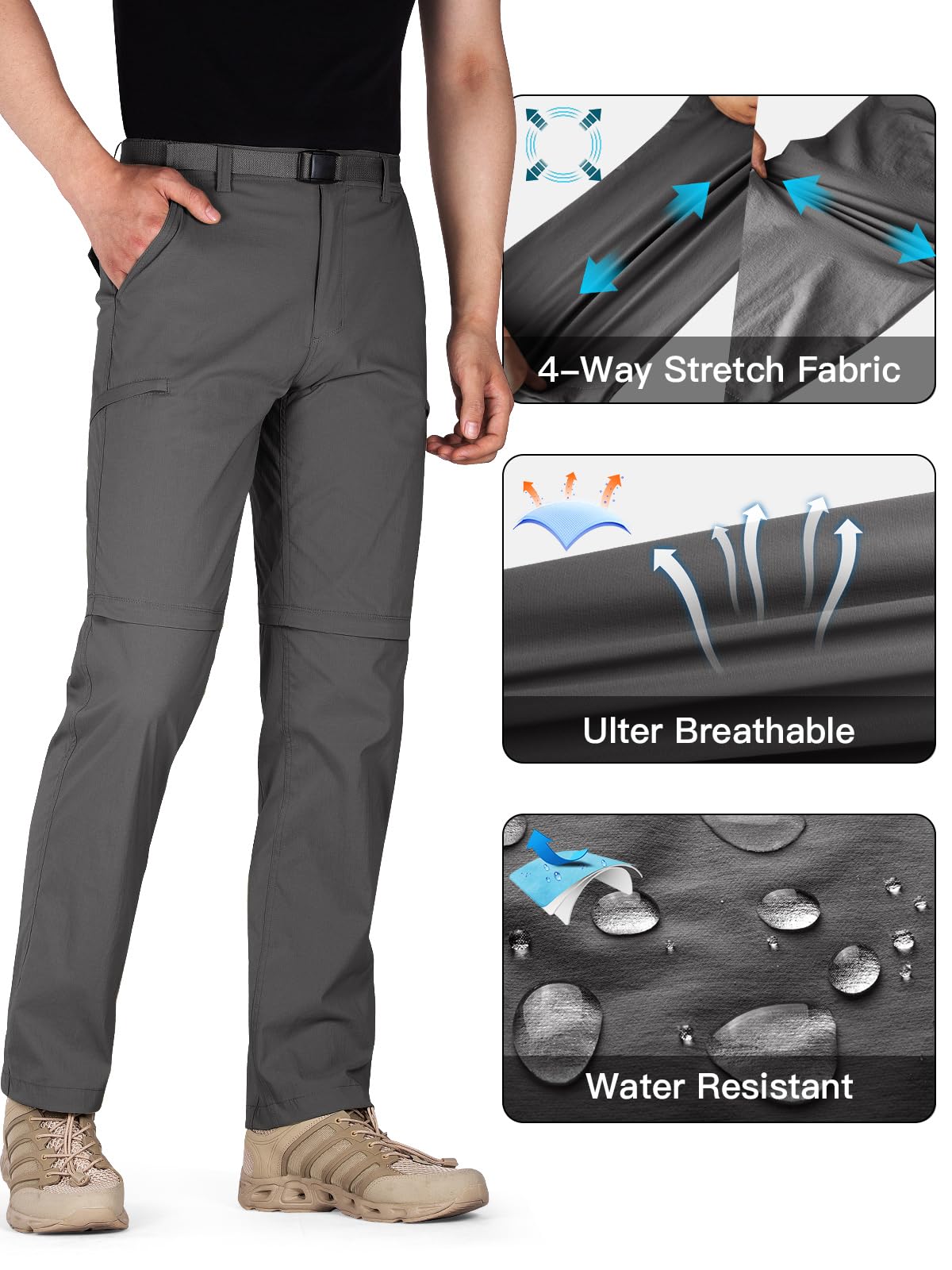 FREE SOLDIER Men's Outdoor Convertible Hiking Pants - Lightweight Quick-Dry Tactical Cargo Pants with Belt, Nylon Spandex Blend - Perfect for Hiking, Camping & Outdoor Adventures