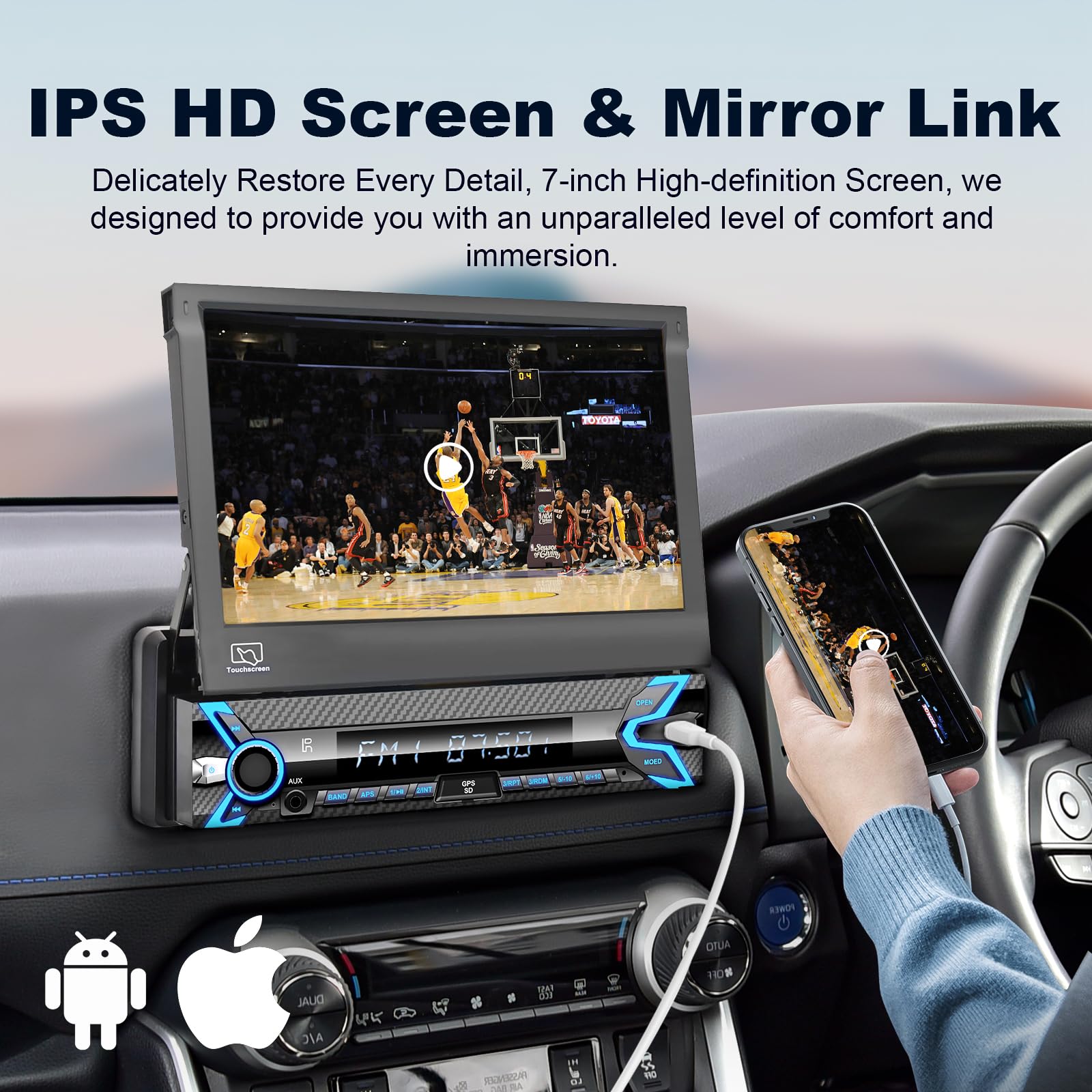 2025 7-Inch Motorized Flip-Out Single Din Car Stereo with Wireless Apple CarPlay & Android Auto - Bluetooth, HD Touchscreen, Backup Camera, USB/SD/AUX Input, AM/FM Radio, Subwoofer & DSP Support | Perfect for Road Trips, Commuting & Hands-Free Navigation