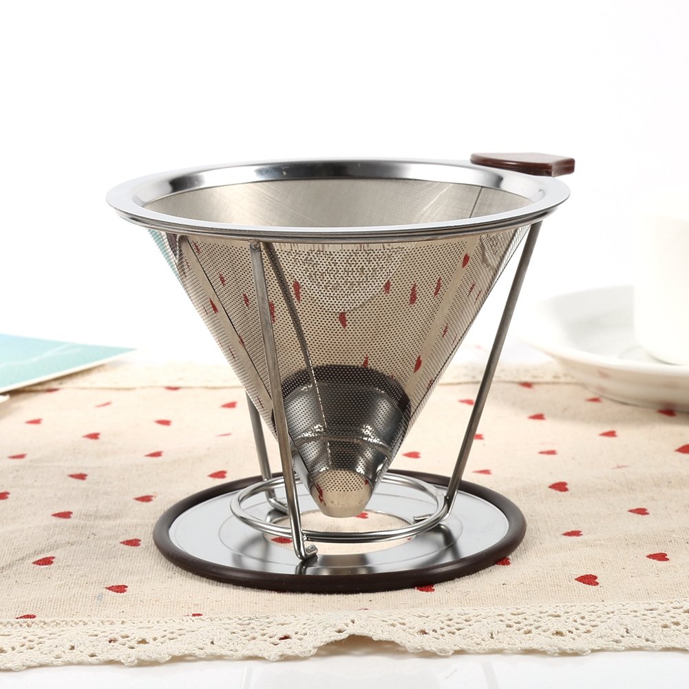 Premium 304 Stainless Steel Reusable Coffee Filter - Portable Drip Dripper for Slow Brewing, Double Layer Mesh Design, Single Cup Cone Holder (4.1 x 3.7 Inch) - Perfect for Home, Office, Camping & Travel Coffee Making