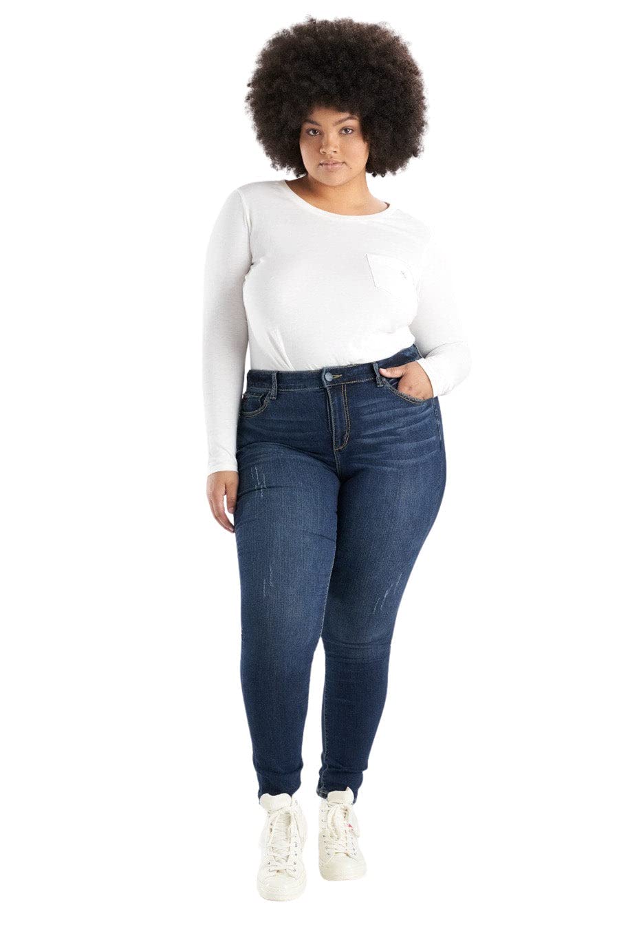 Premium Women's Plus Size Stretch High Rise Skinny Jeans - Dark Blue Denim Pants for Curvy Figures | Comfortable & Flattering Fit for Work, Date Night & Casual Outings