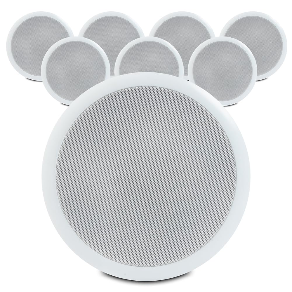 Power Dynamics CSPB5 5-Inch 100V Ceiling Speaker System (Set of 8) - Flush Mount Commercial & Home Audio Speakers for Office, Restaurant, Shop & Indoor Use - White Finish with Easy Installation Clips - Perfect for Background Music & PA Systems