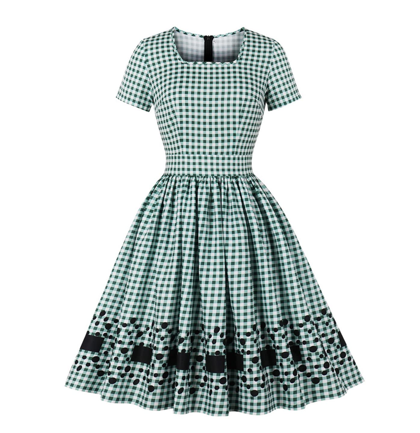 Vintage Green Plaid Square Neck Knee-Length Summer Dress - Short Sleeve Pleated Retro Dress for Women | Perfect for Picnics, Dates & Casual Outings