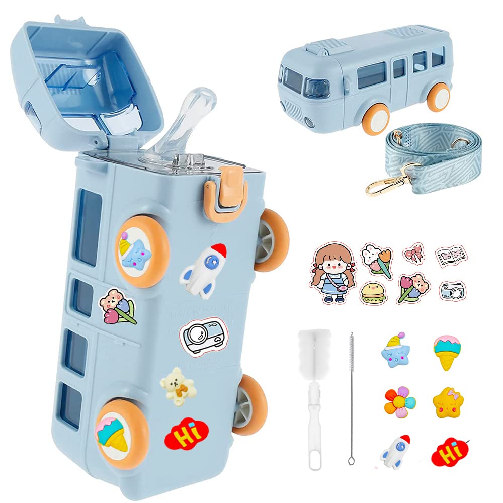 **FUNDISINN 16oz Kids Bus Water Bottle - Leak-Proof Detachable Straw Cup with Shoulder Strap & Wheels, Cartoon Toddler Drink Bottle Toy (Blue) - Perfect for School, Travel, and Outdoor Play**