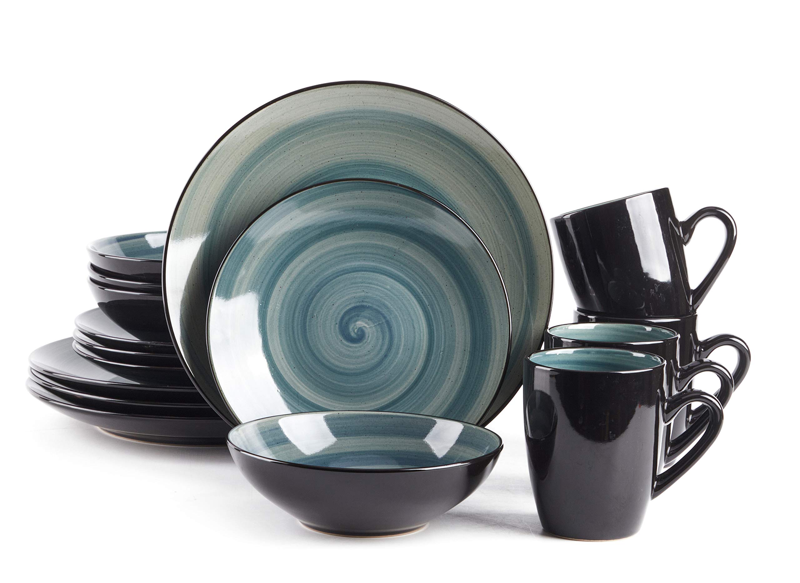 HomeVss Stoneware Sonoma 16-Piece Dinnerware Set in Black & Speckled Spin Wash Blue - Durable Dinner Plates, Bowls & Mugs for Everyday Use, Family Gatherings & Restaurant-Style Dining