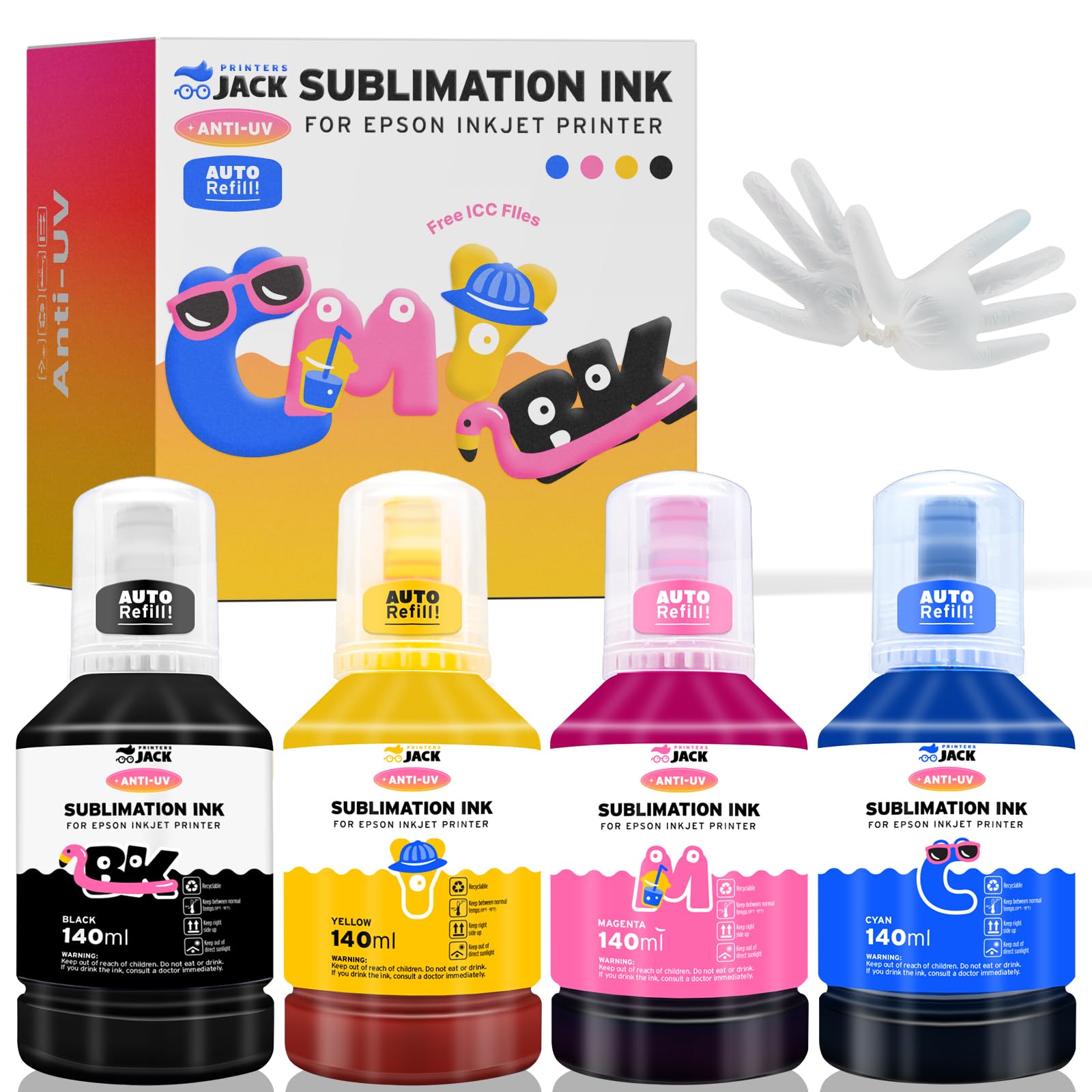 Printers Jack Sublimation Ink Refill 140ml x 4 (560ml Total) - Compatible with Epson ET-2720, ET-2760, ET-2750, ET-4700, ET-3760 Supertank Printers - High-Quality Anti-UV Dye Sublimation Ink - ICC Profile Included - Perfect for T-Shirt, Mug, and Fabric Printing