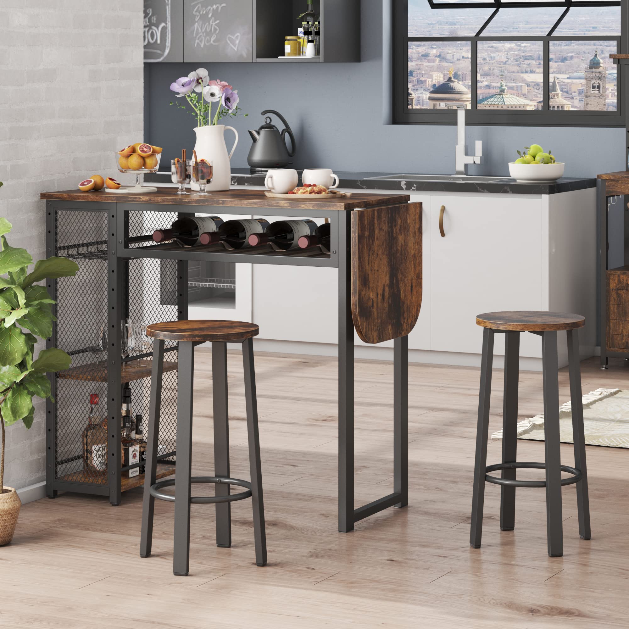 Bestier Expandable Bar Table and Chair Set with 2 Bar Stools, Industrial Kitchen Counter with Wine Rack & 3-Tier Adjustable Storage Shelves - Rustic Brown - Perfect for Small Spaces, Dining Rooms, Kitchen Islands, and Home Bars