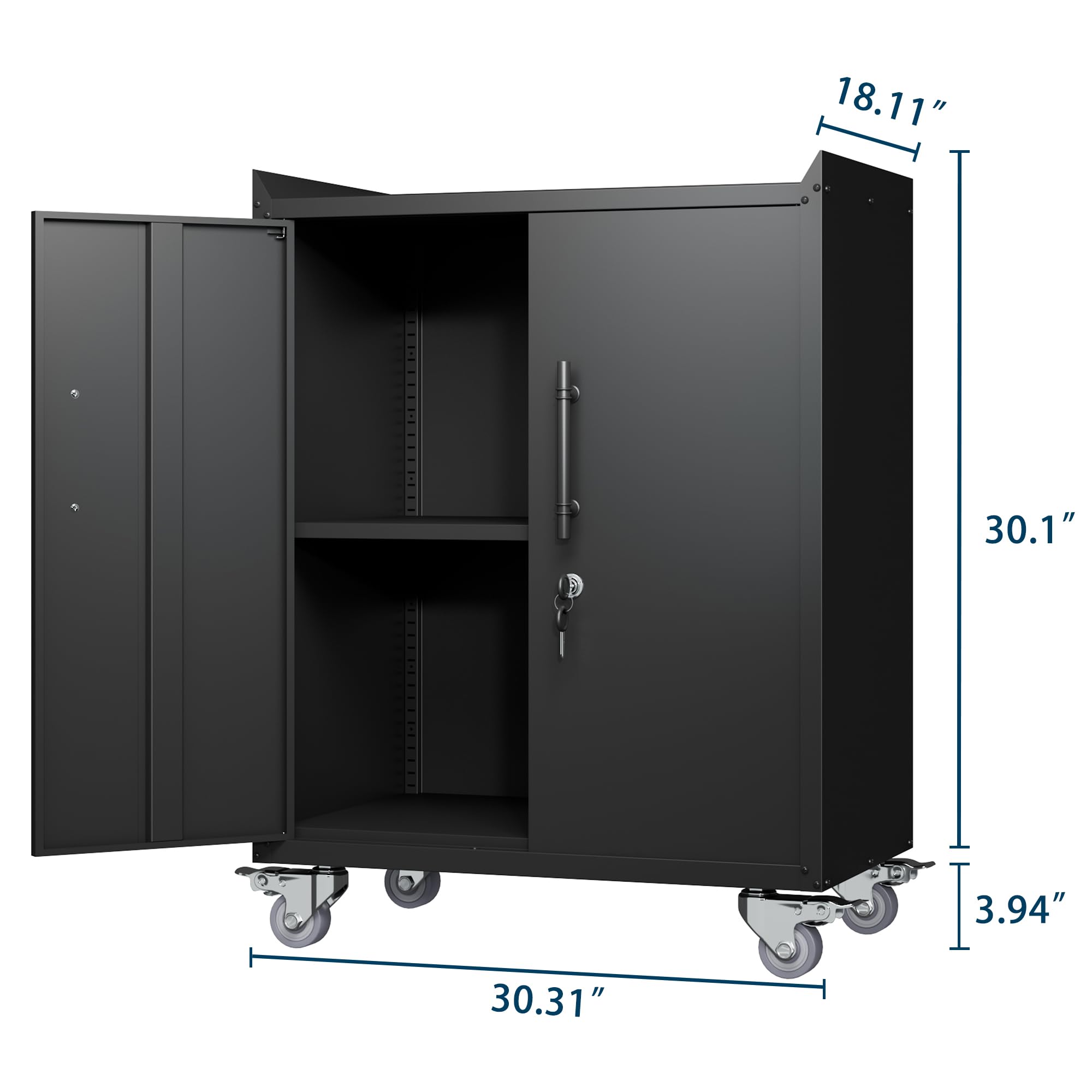 Heavy-Duty Locking Metal Storage Cabinet with Wheels - 2-Door Black Steel Cabinet with Adjustable Shelf for Office, Garage, Home, Classroom, Workshop & Pantry Organization - Secure Storage Solution for Tools, Files & Supplies