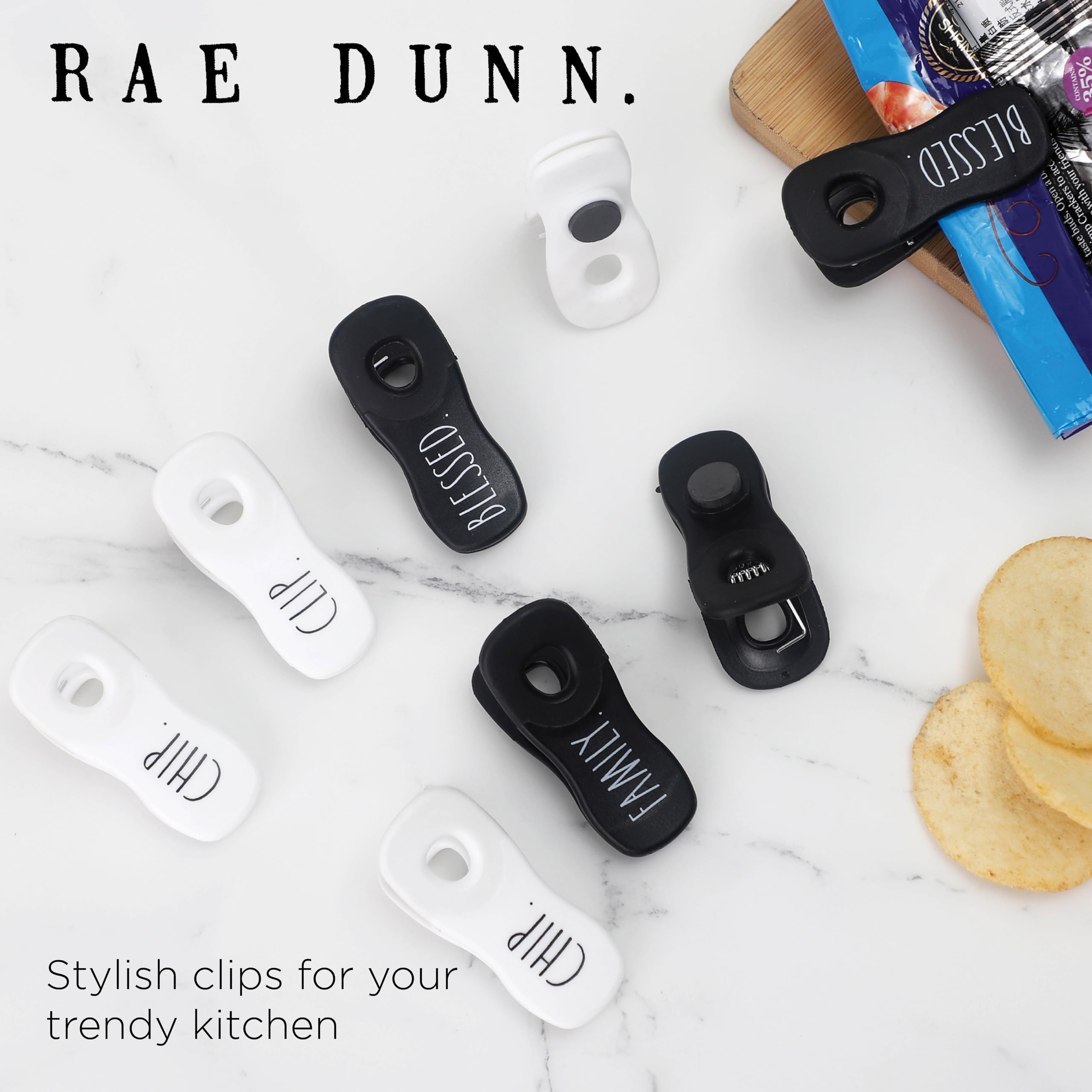 Rae Dunn Magnetic Bag Clips - 20 Pack Airtight Food Storage Clips for Bread, Snacks & Chips - Strong Seal Grip for Kitchen, Pantry & Picnic Use - Black & White Design