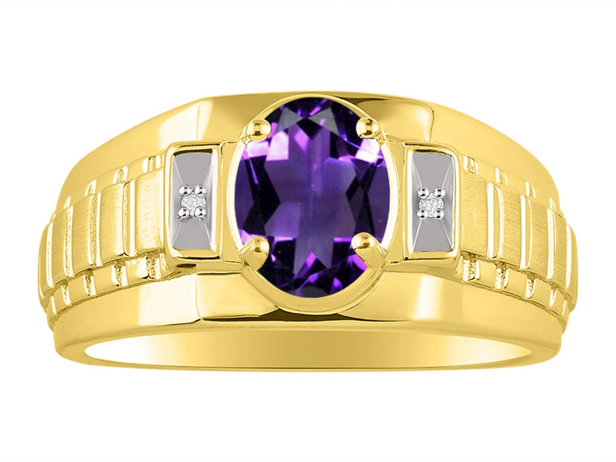 RYLOS Men's Rings - 8X6MM Oval Gemstone & Genuine Diamond Ring in Yellow Gold Plated Silver, Classic Designer Style, Birthstone Rings for Men (Size 8-13) - Perfect for Weddings, Anniversaries, Gifts & Everyday Luxury Jewelry