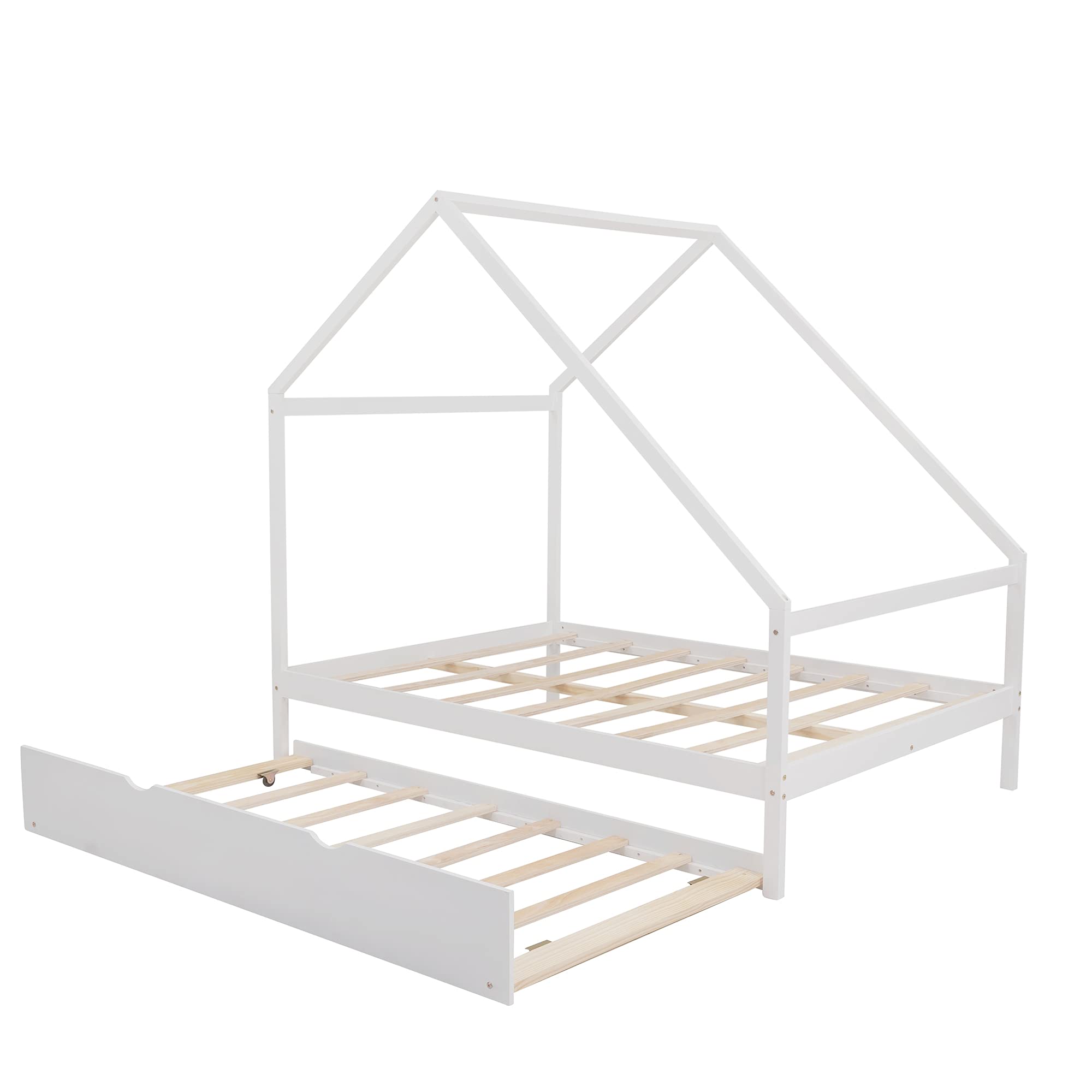 **Full Size House Bed with Twin Trundle - Solid Wood Daybed Frame with Roof for Kids, Teens & Toddlers - White - Perfect for Bedrooms, Playrooms & Guest Rooms**