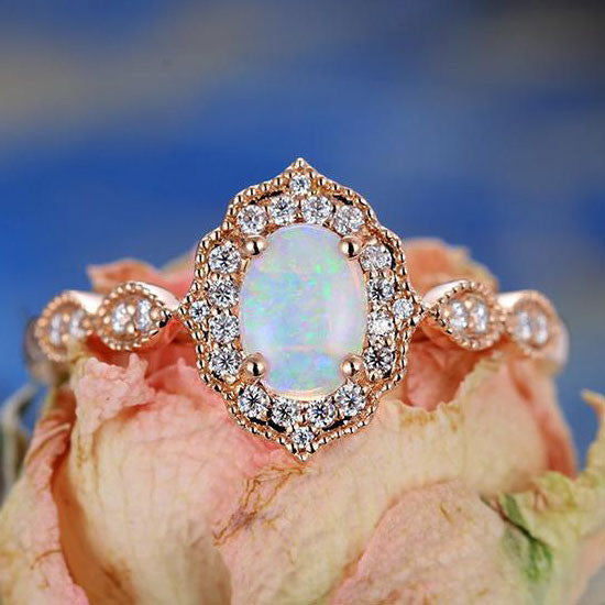 Vintage Floral Oval Cut Opal Engagement Ring with Halo Rose Gold Marquise 1/4 Diamond Band - Perfect for Wedding, Proposal & Anniversary Gifts