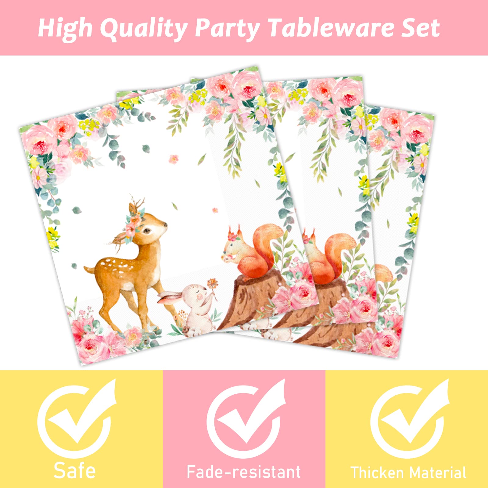 96PCS Pink Woodland Baby Shower Tableware Set - Disposable Plates, Napkins & Forks for Girls Safari Party - Forest Animal Deer Flower Theme Dinnerware for 24 Guests - Perfect for Baby Showers, Birthday Parties & Gender Reveals