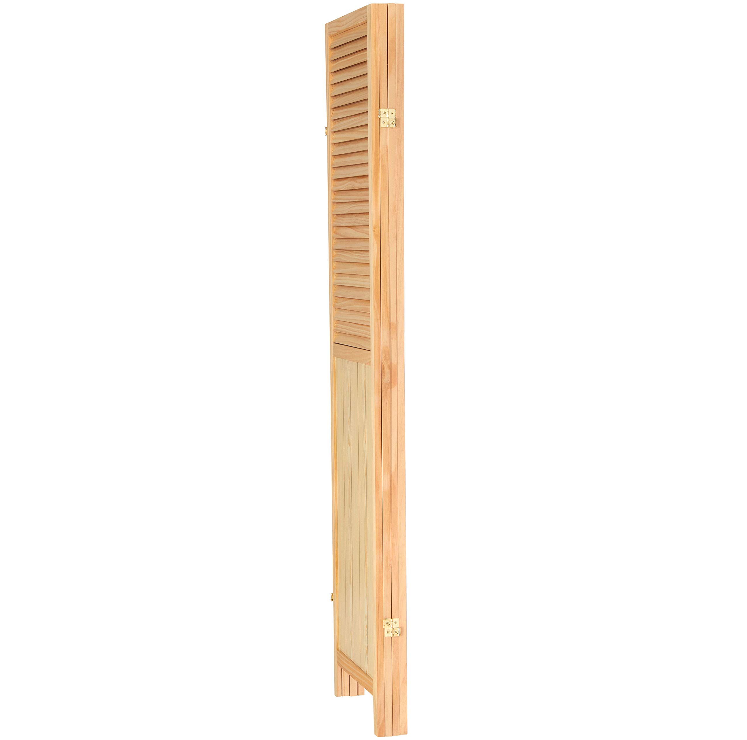 6 ft. Tall Red Lantern Louvered Beadboard Room Divider - Natural Wood 4 Panel Folding Screen for Home, Office, and Event Space Decoration