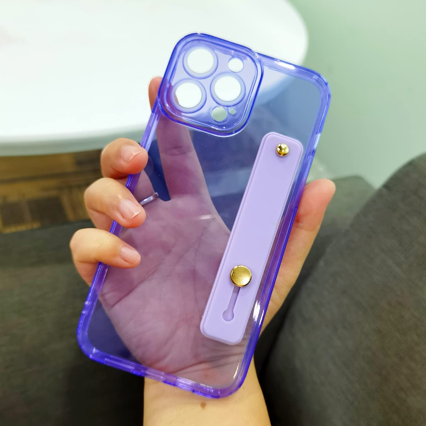Omio Clear TPU Silicone Case for iPhone 12 Pro Max - Shockproof Slim Cover with Wristband Grip & Stand, Neon Purple Fluorescent Design - Perfect for Women & Girls - Ideal for Daily Use, Work, and Outdoor Activities