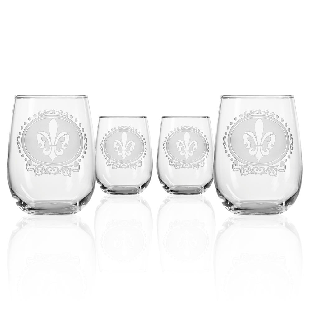 Royal Fleur De Lis 17oz Stemless Wine Tumblers Set of 4 - Elegant Glassware for Parties, Weddings & Home Entertaining