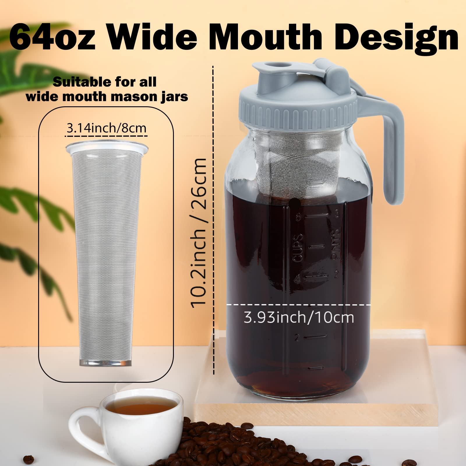 Cold Brew Coffee Maker Pitcher - 64oz Iced Coffee Maker with Stainless Steel Mixing Spoon & Premium Dense Filter | 3-Step Brewing System | BPA-Free Glass Mason Jar with Gray Lid | Easy to Clean & Reusable | Perfect for Home, Office & Outdoor Use